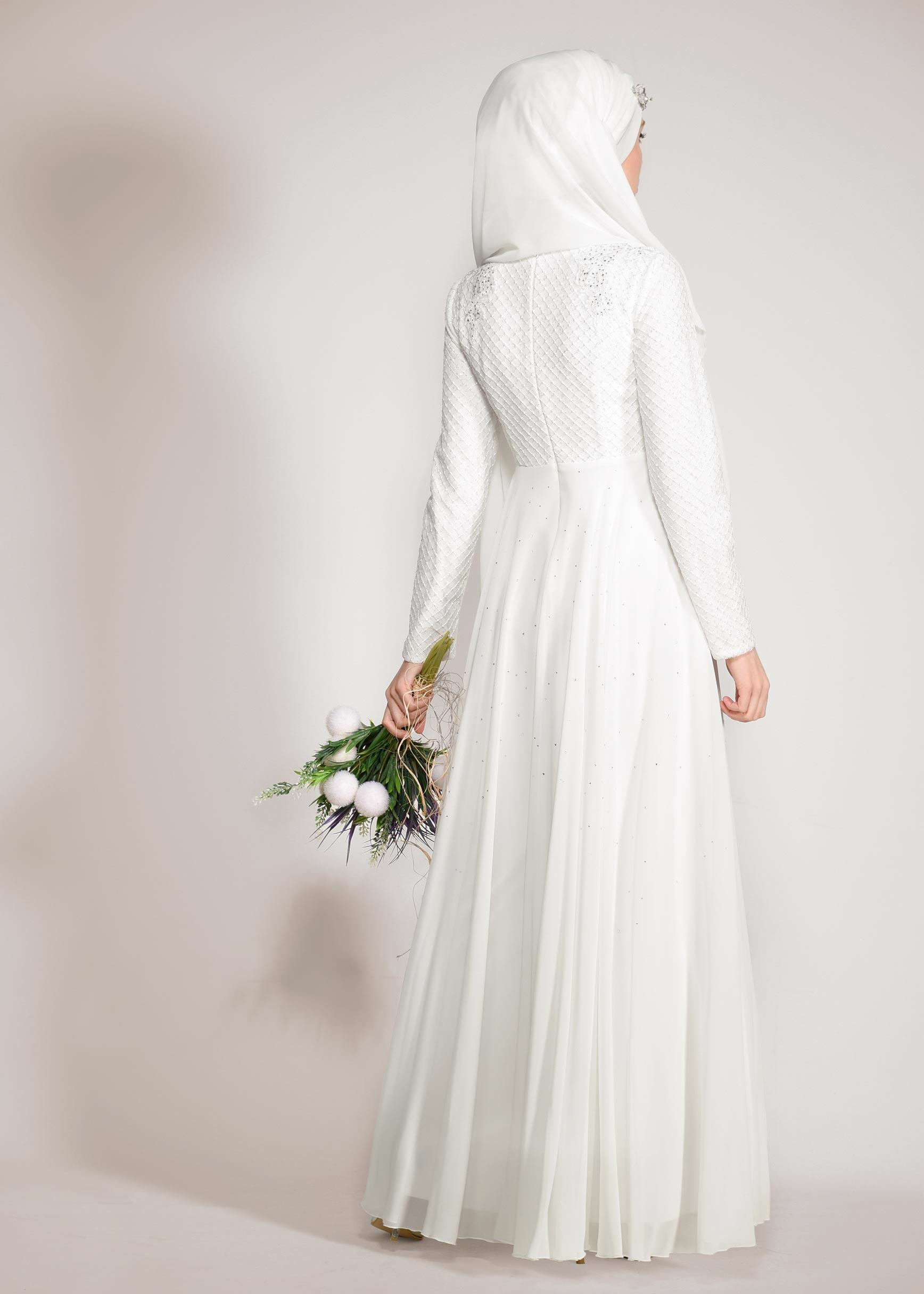 Tesettür giyim BEYAZ FİLE DETAYLI ABİYE ELBİSE 5495