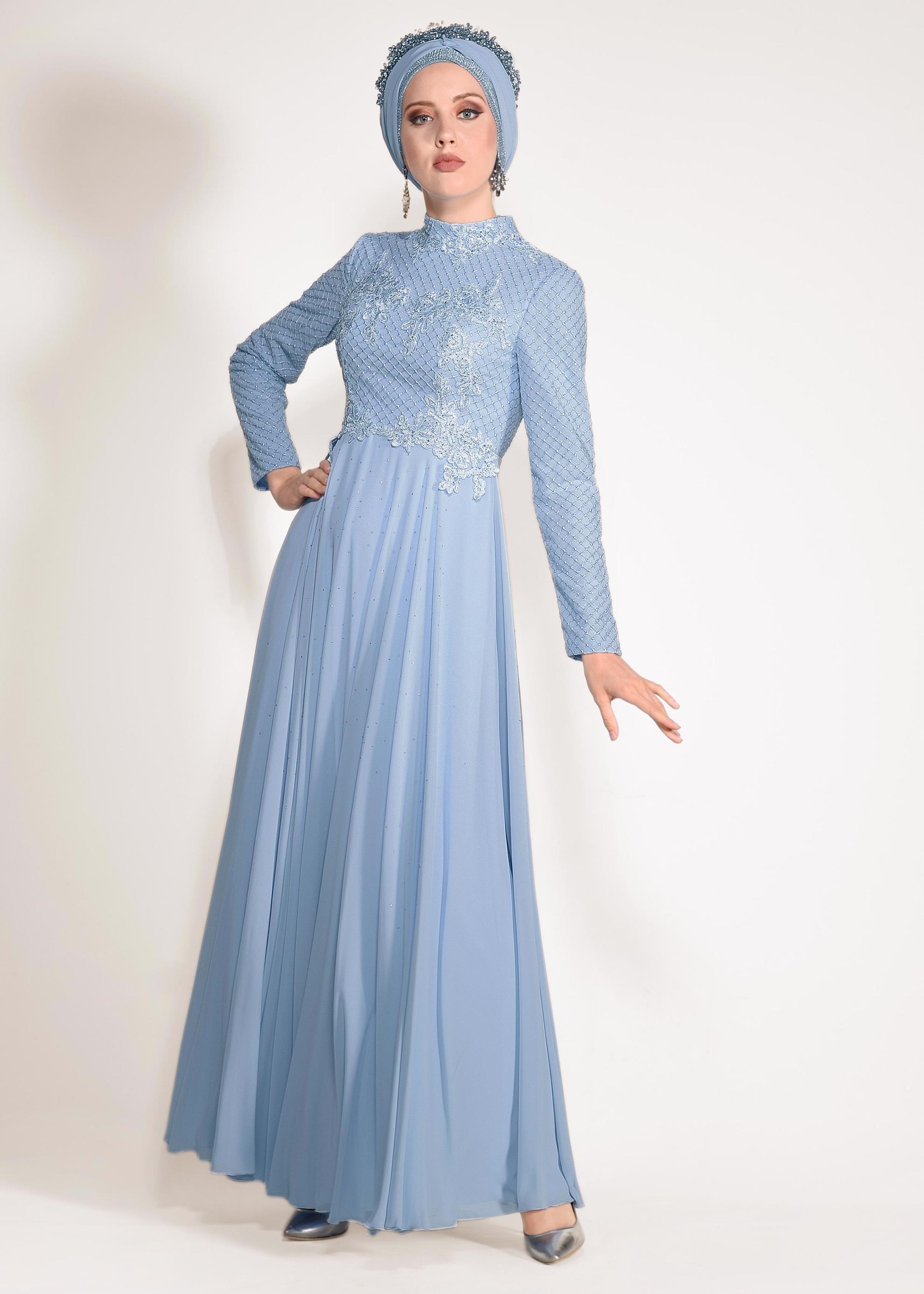 Tesettür giyim MAVİ FİLE DETAYLI ABİYE ELBİSE 5495