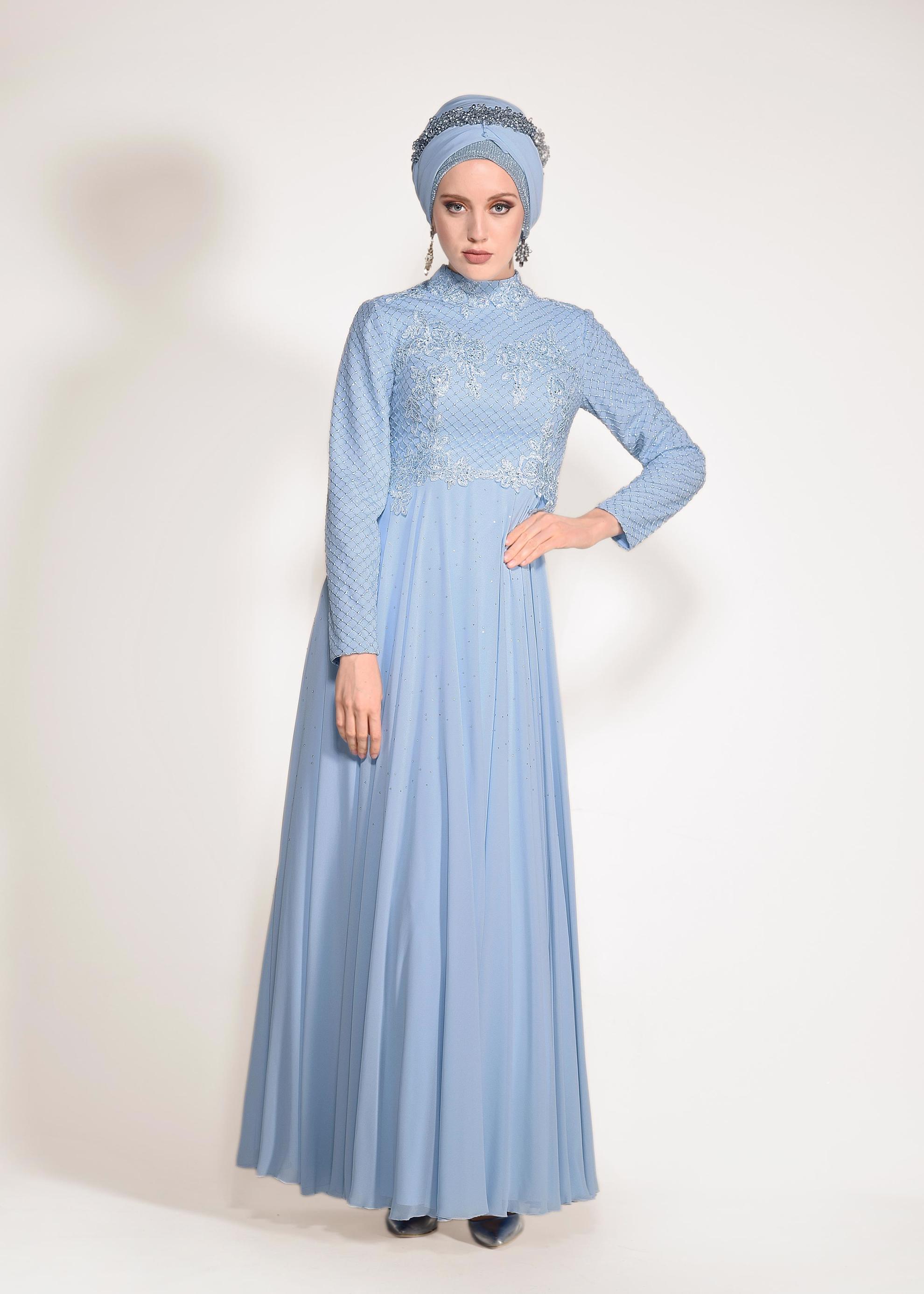 Tesettür giyim MAVİ FİLE DETAYLI ABİYE ELBİSE 5495