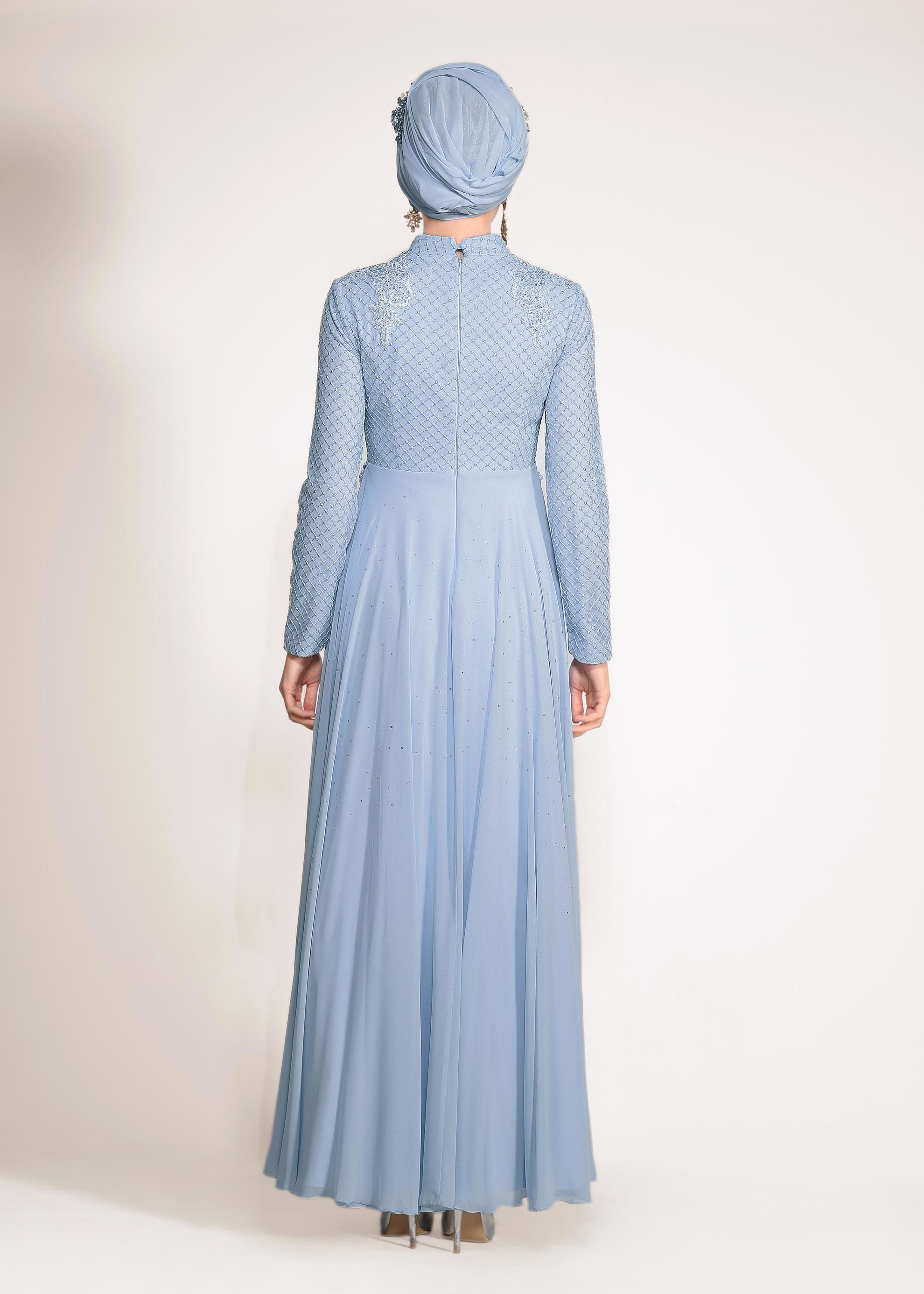 Tesettür giyim MAVİ FİLE DETAYLI ABİYE ELBİSE 5495