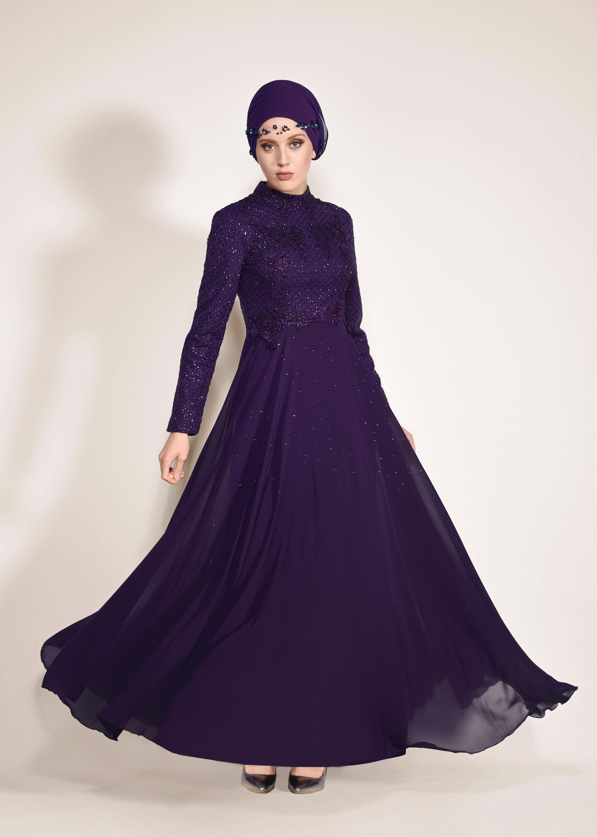 Tesettür giyim MOR FİLE DETAYLI ABİYE ELBİSE 5495