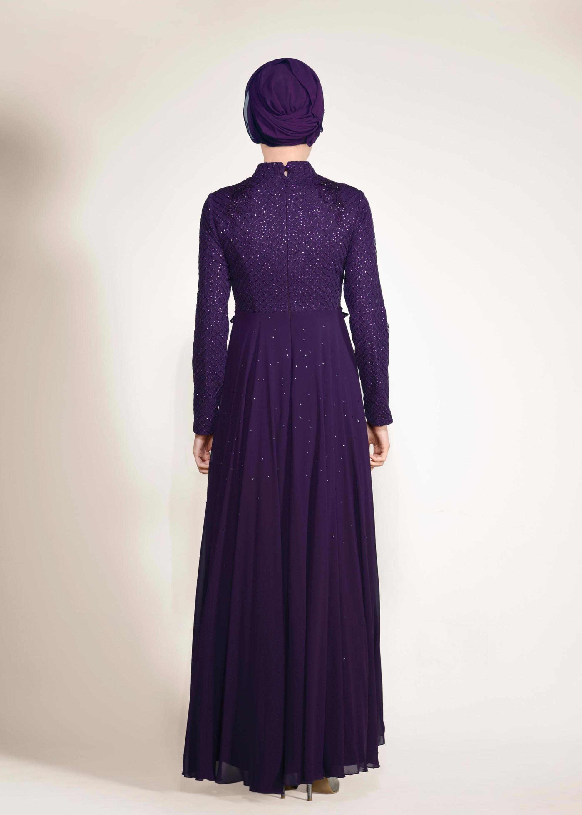 Tesettür giyim MOR FİLE DETAYLI ABİYE ELBİSE 5495