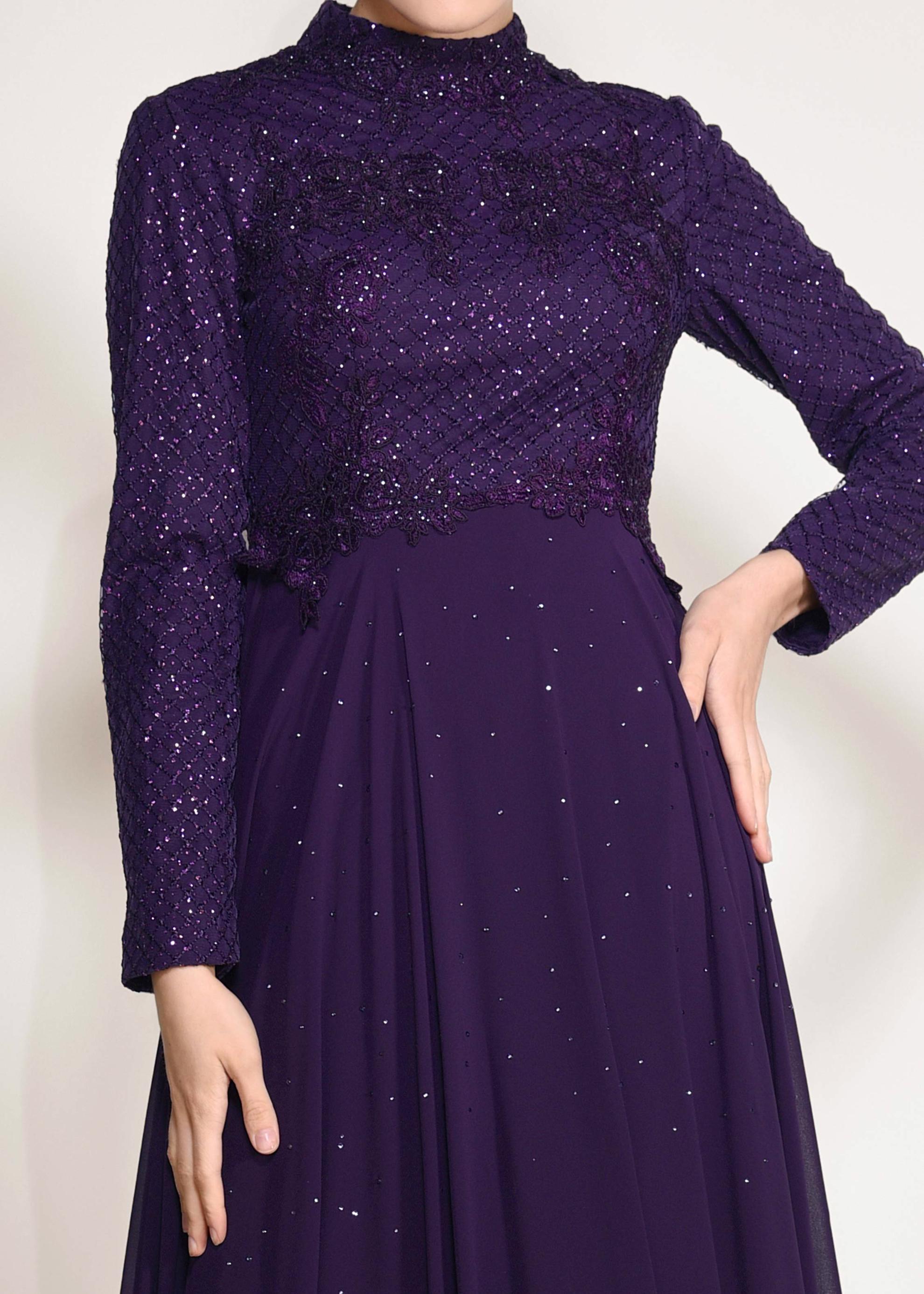 Tesettür giyim MOR FİLE DETAYLI ABİYE ELBİSE 5495