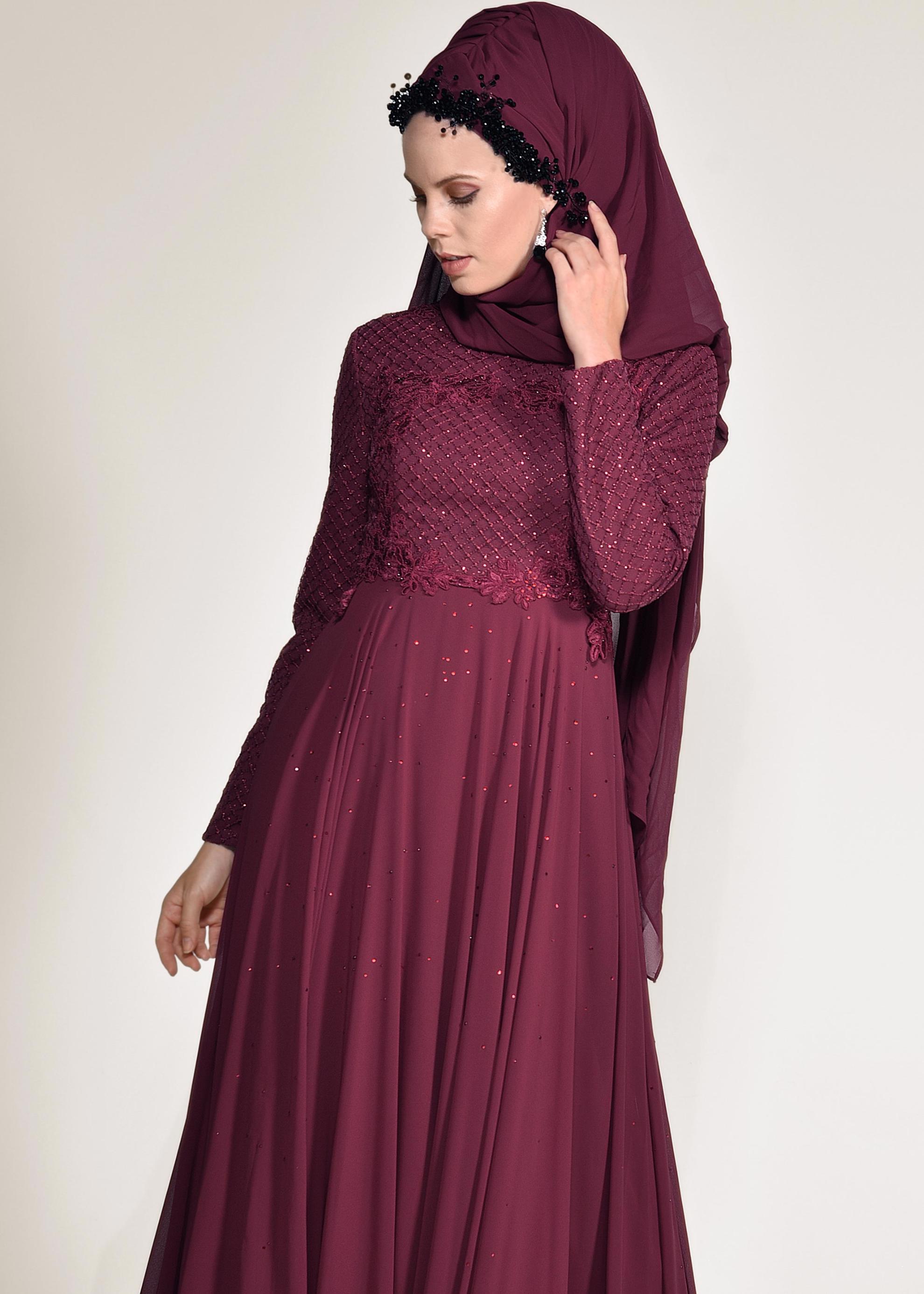 Tesettür giyim BORDO FİLE DETAYLI ABİYE ELBİSE 5495