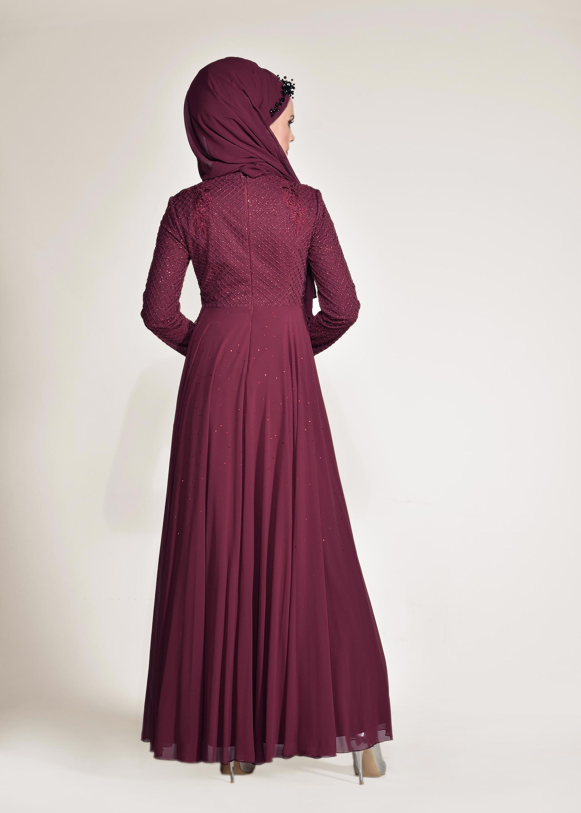 Tesettür giyim BORDO FİLE DETAYLI ABİYE ELBİSE 5495