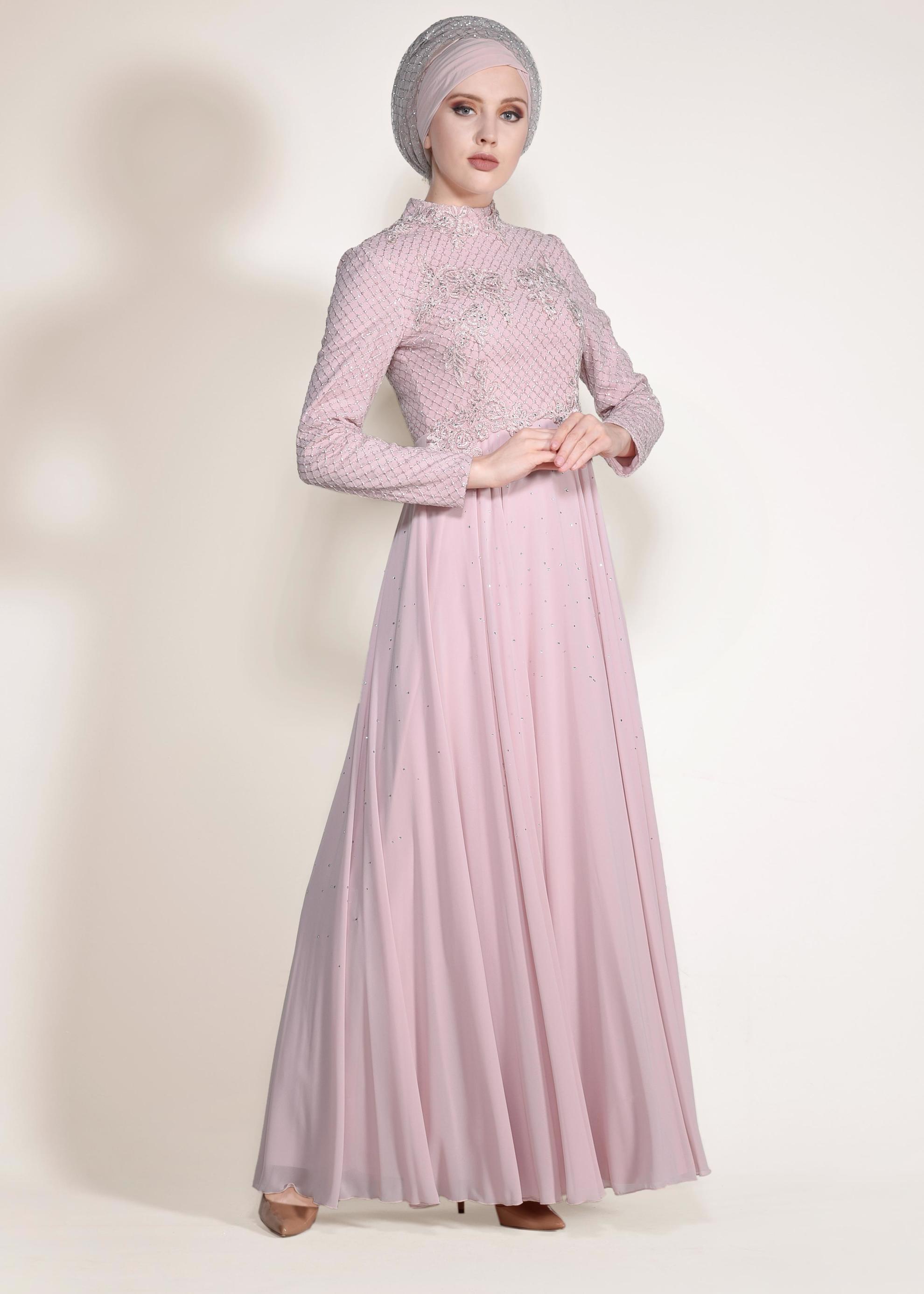 Tesettür giyim PUDRA FİLE DETAYLI ABİYE ELBİSE 5495