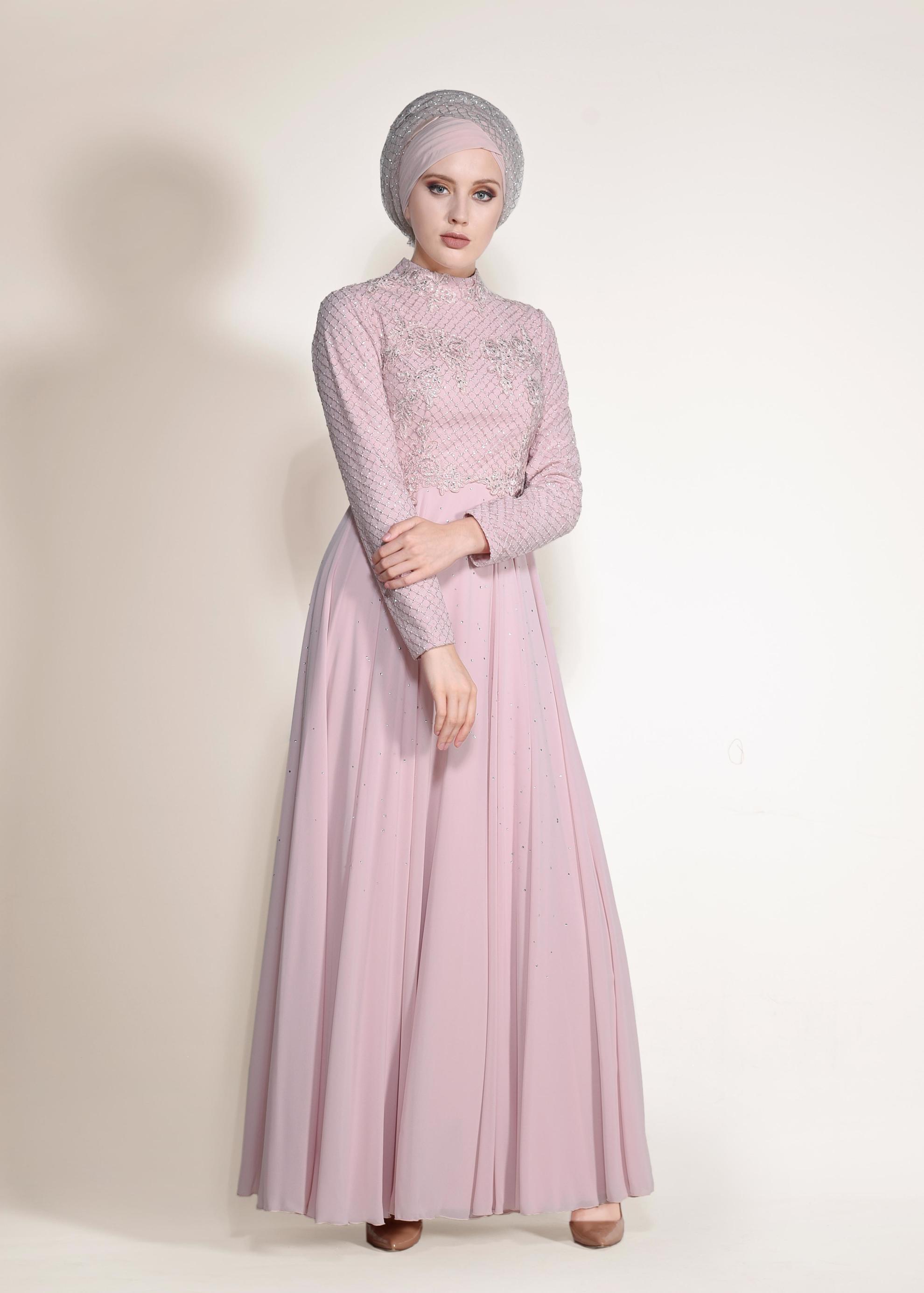 Tesettür giyim PUDRA FİLE DETAYLI ABİYE ELBİSE 5495