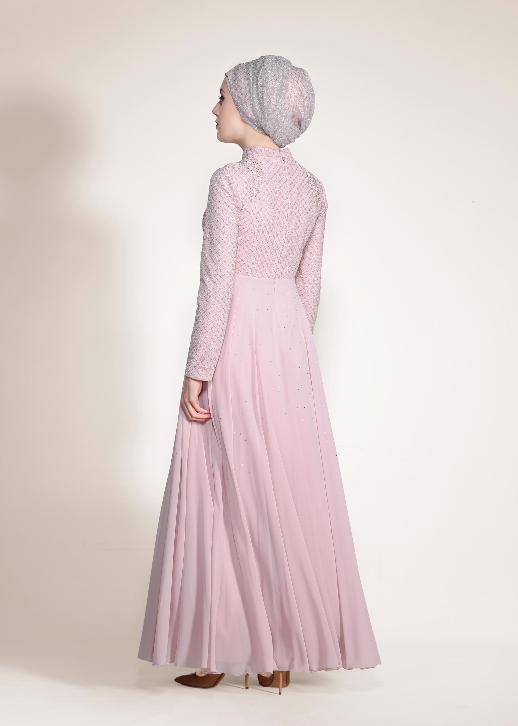 Tesettür giyim PUDRA FİLE DETAYLI ABİYE ELBİSE 5495