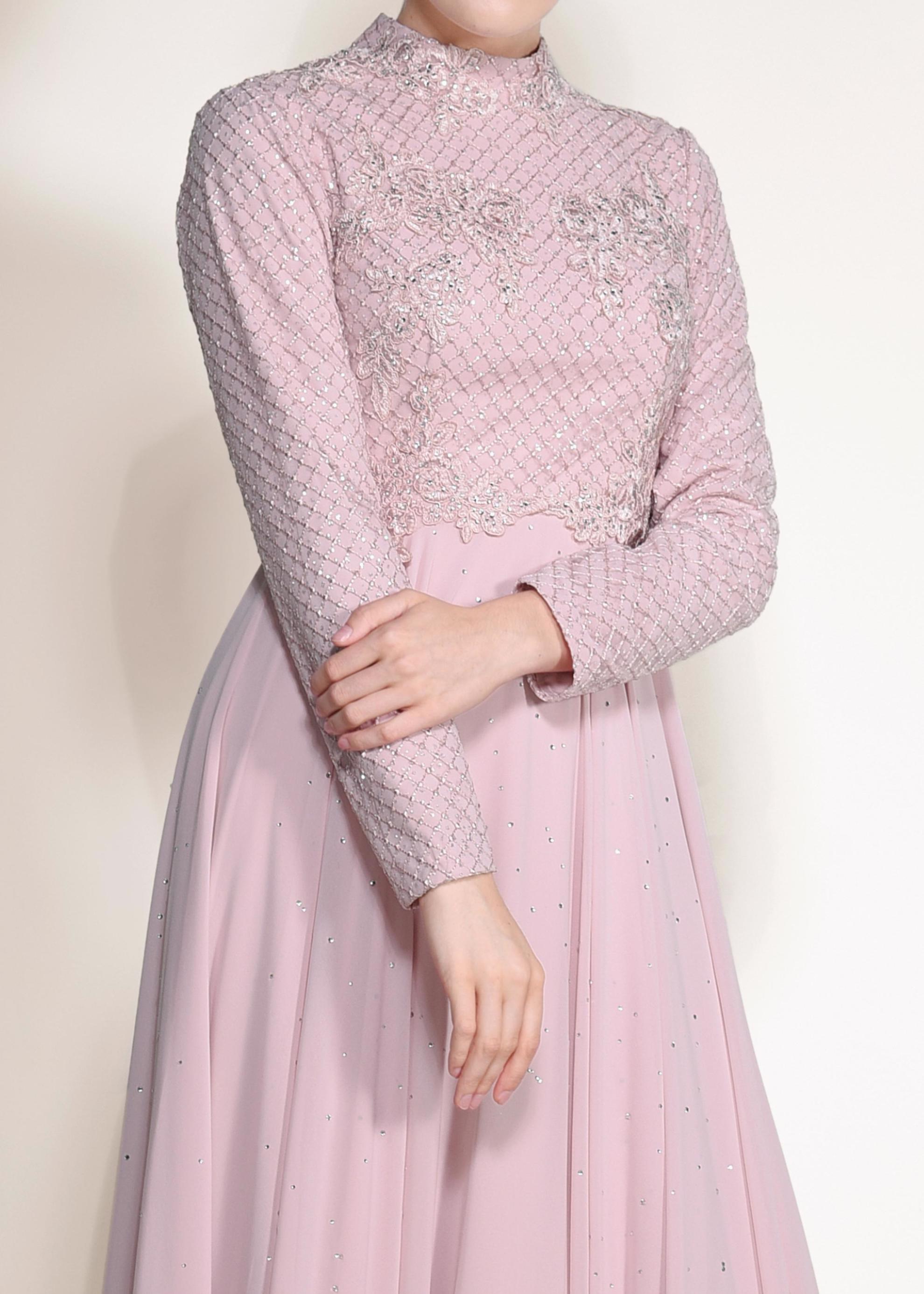 Tesettür giyim PUDRA FİLE DETAYLI ABİYE ELBİSE 5495