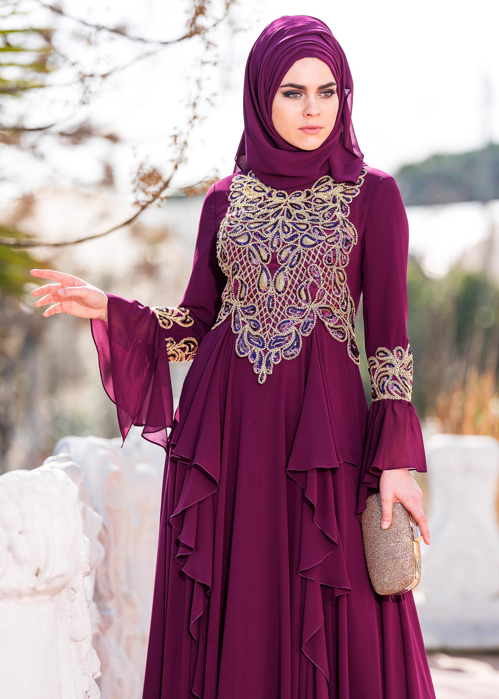 Tesettür giyim MOR FIRFIR DETAYLI ABİYE ELBİSE 5499 