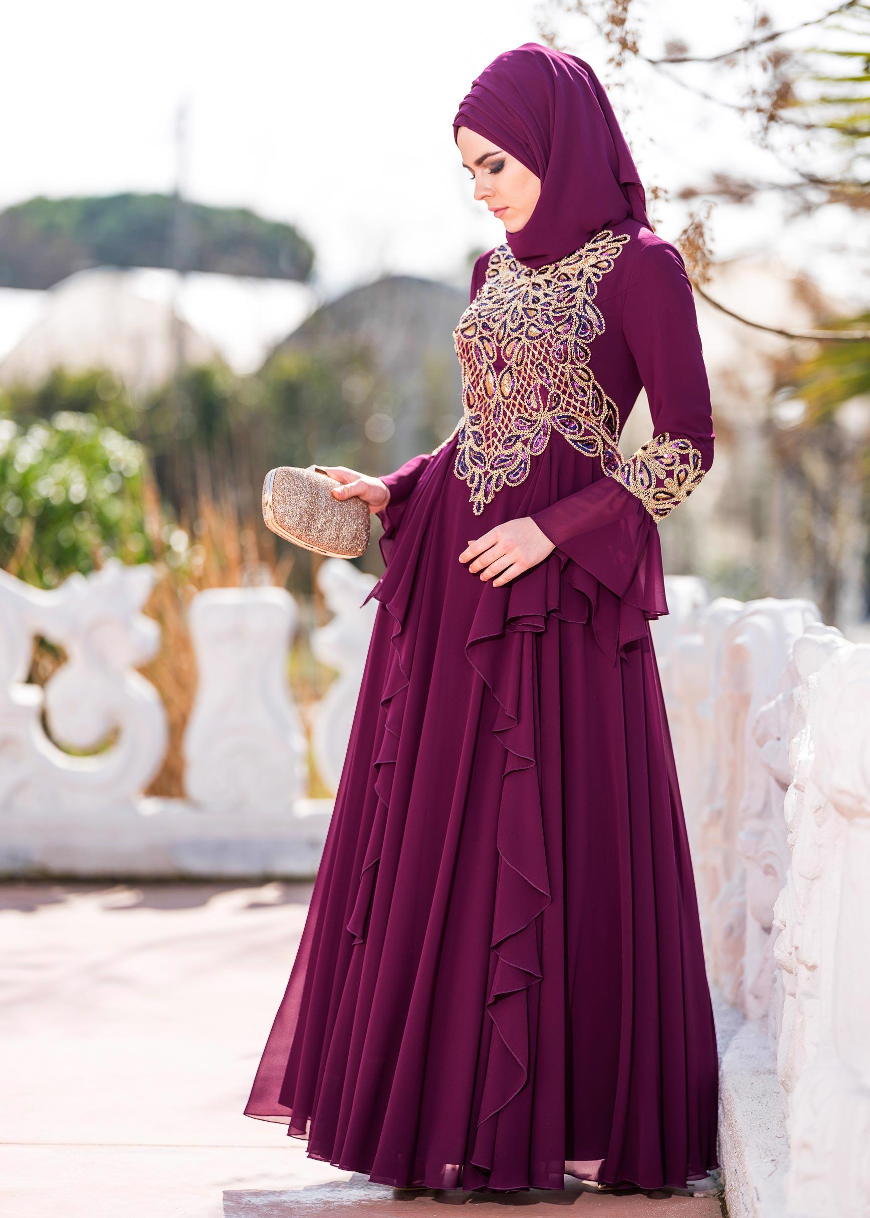 Tesettür giyim MOR FIRFIR DETAYLI ABİYE ELBİSE 5499 