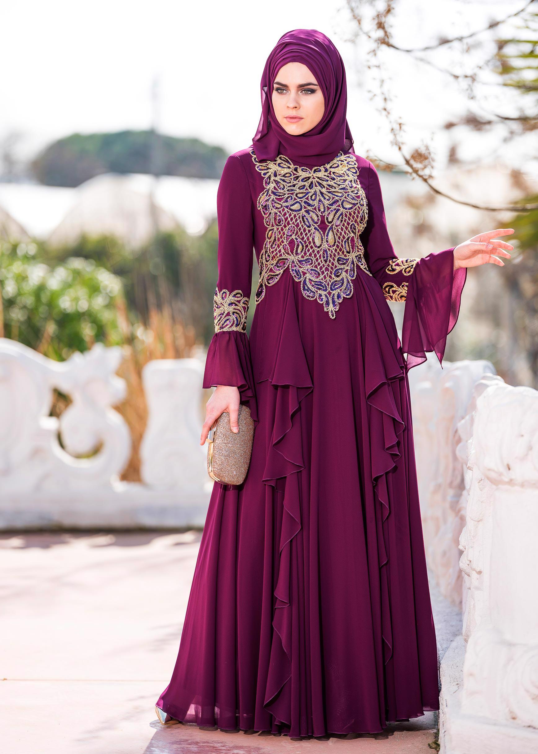 Tesettür giyim MOR FIRFIR DETAYLI ABİYE ELBİSE 5499 