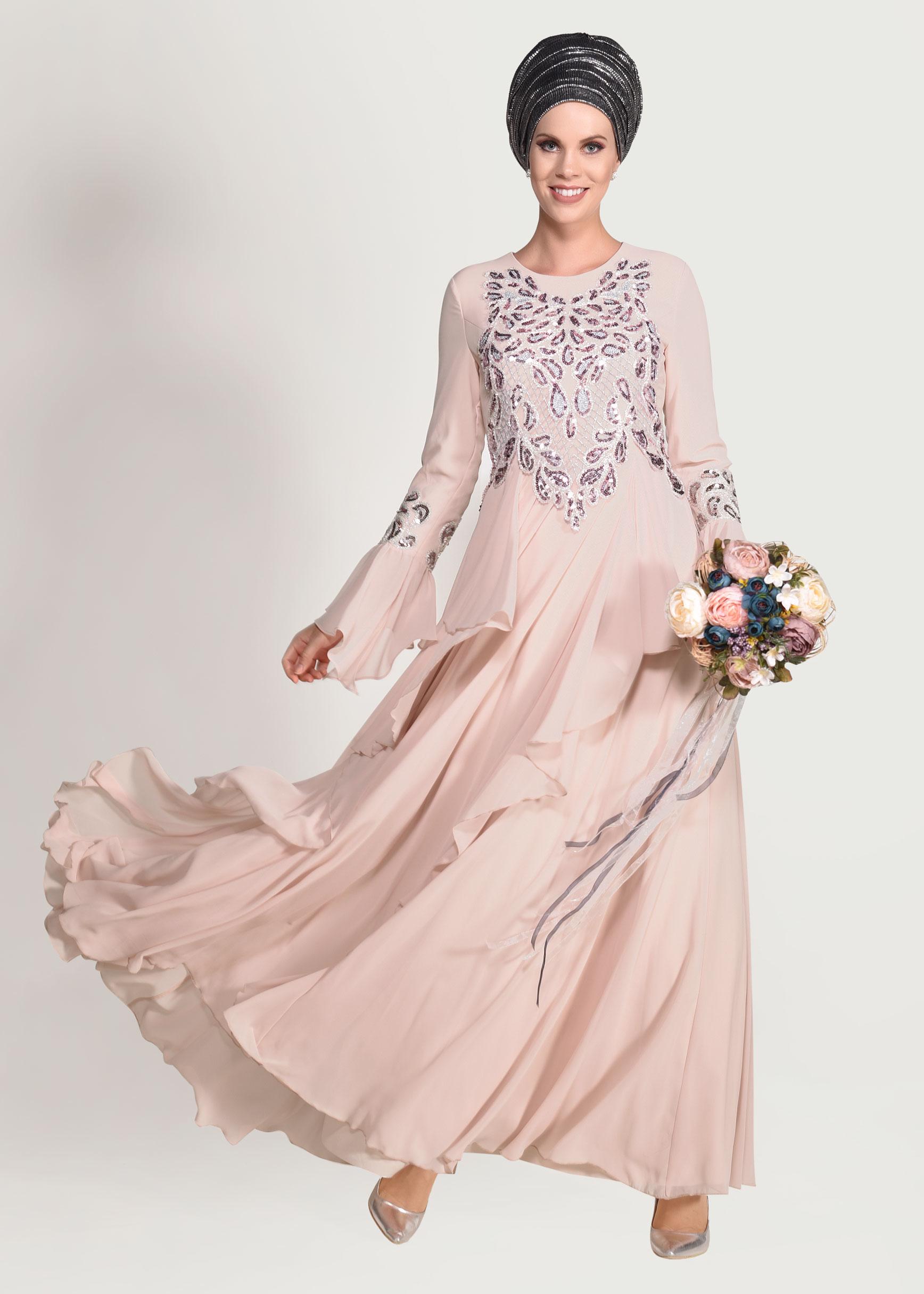 Tesettür giyim PUDRA FIRFIR DETAYLI ABİYE ELBİSE 5499 