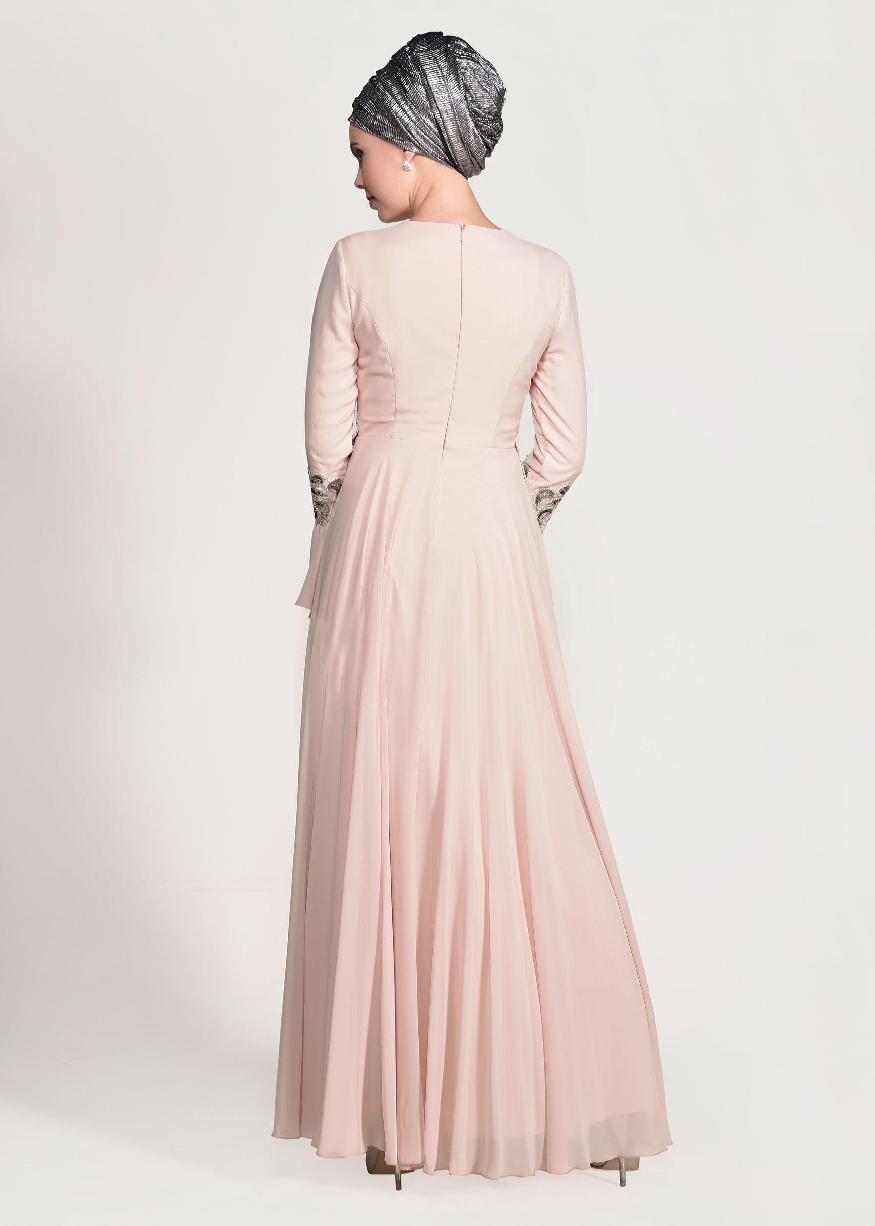 Tesettür giyim PUDRA FIRFIR DETAYLI ABİYE ELBİSE 5499 