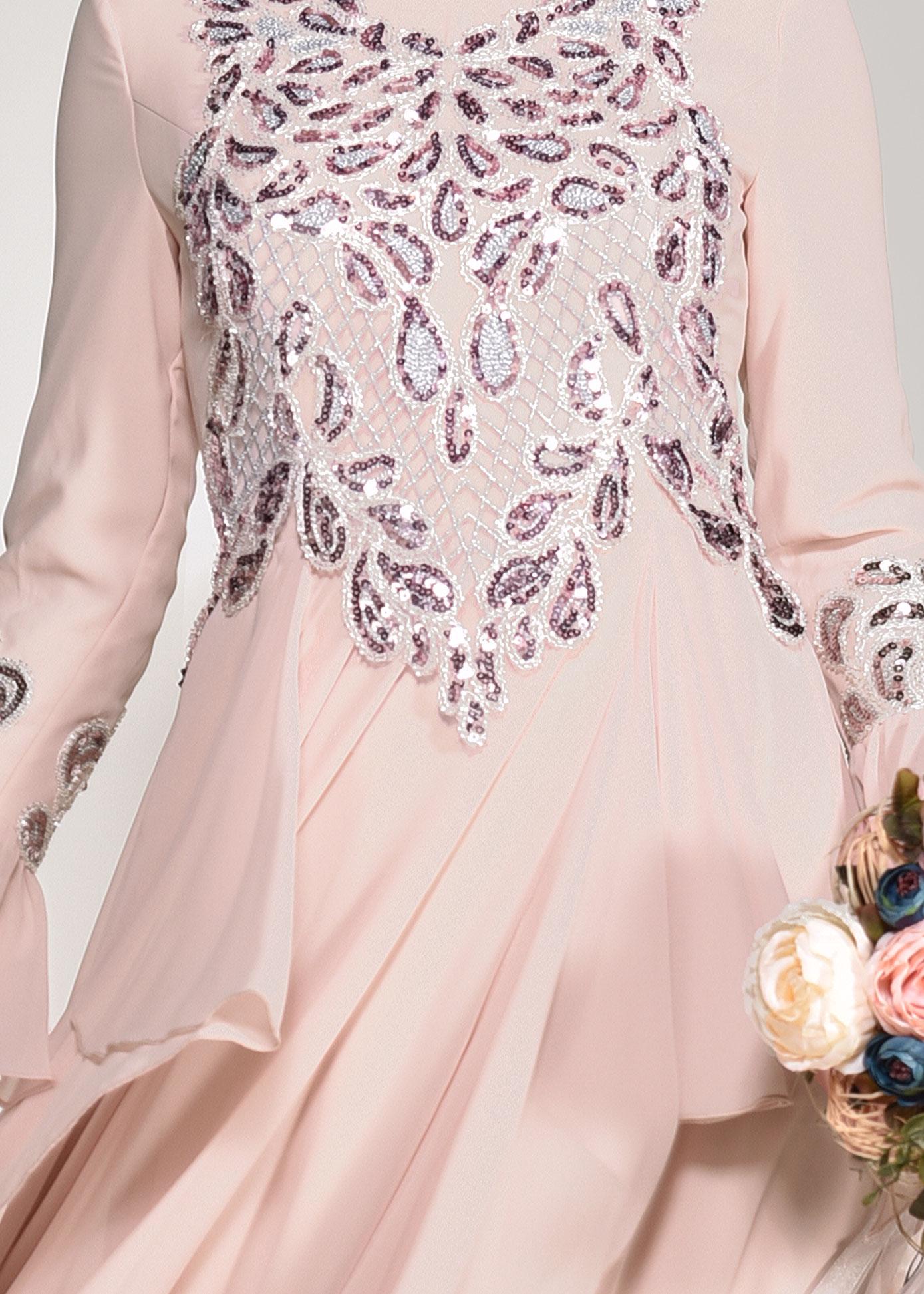 Tesettür giyim PUDRA FIRFIR DETAYLI ABİYE ELBİSE 5499 