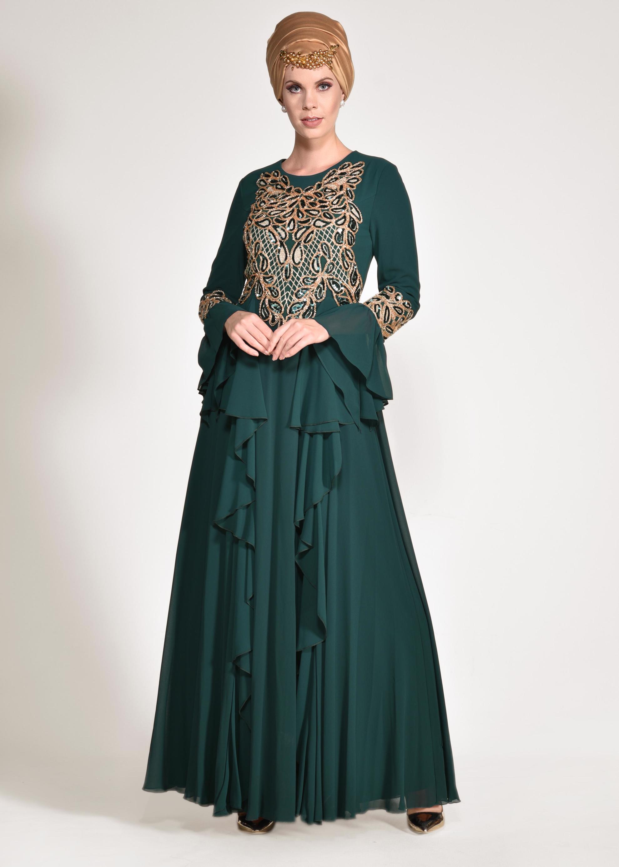 Tesettür giyim YEŞİL FIRFIR DETAYLI ABİYE ELBİSE 5499 