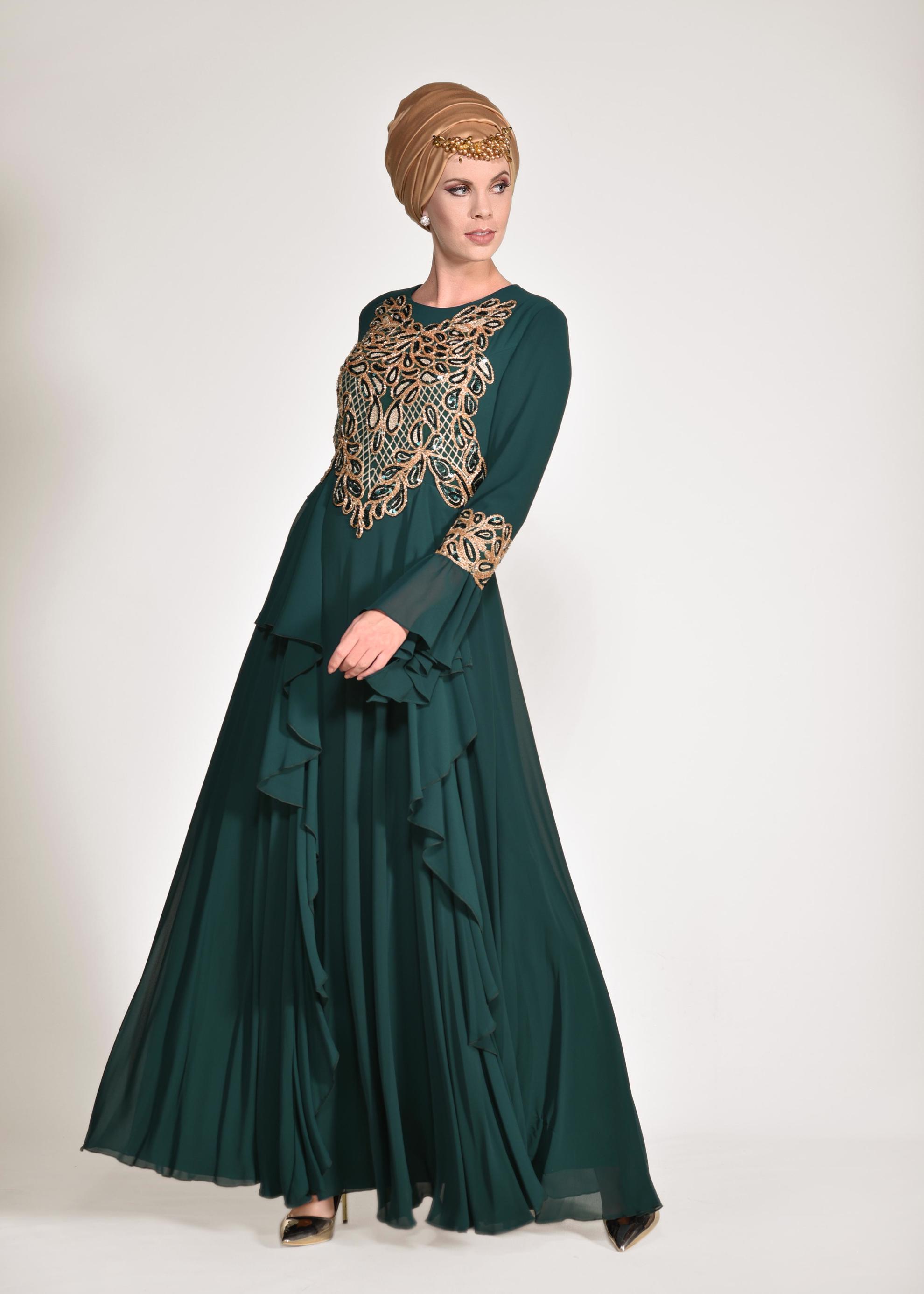 Tesettür giyim YEŞİL FIRFIR DETAYLI ABİYE ELBİSE 5499 