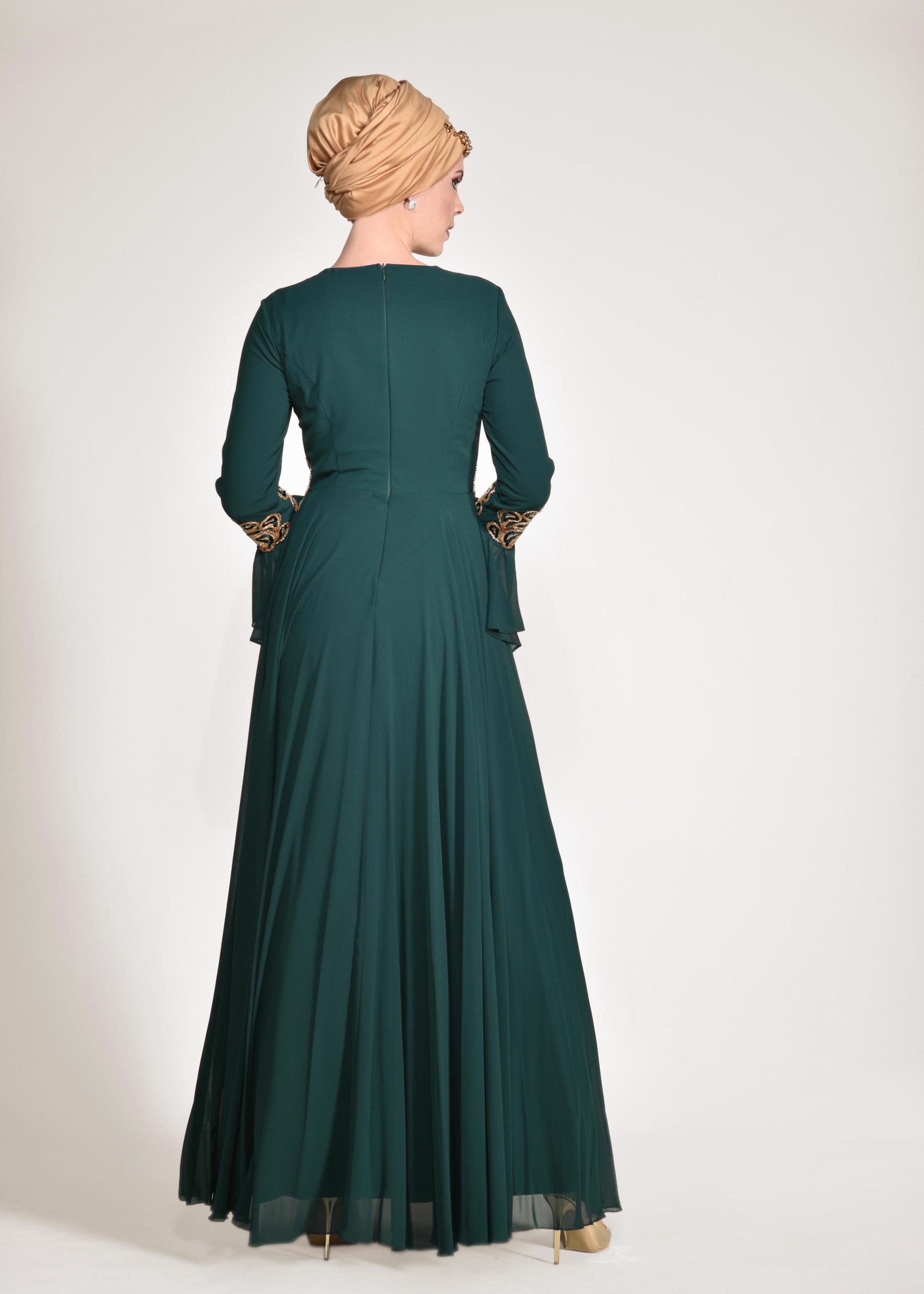 Tesettür giyim YEŞİL FIRFIR DETAYLI ABİYE ELBİSE 5499 