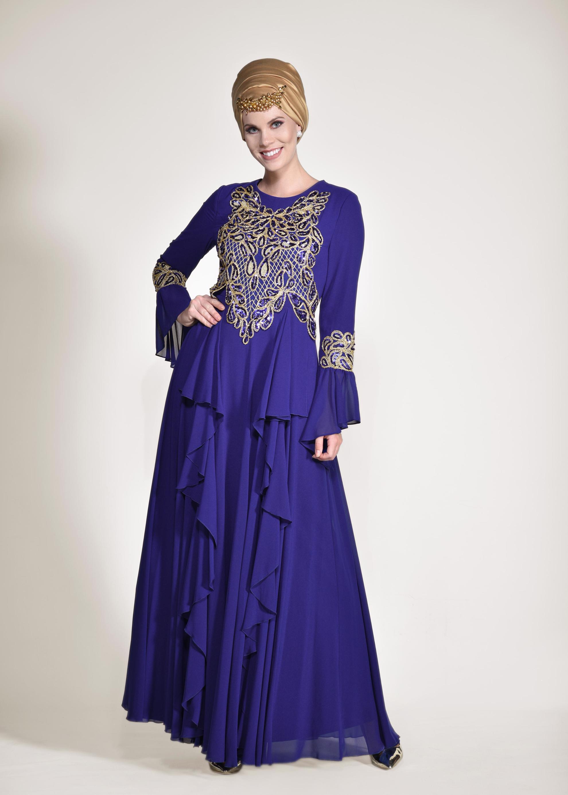 Tesettür giyim MAVİ FIRFIR DETAYLI ABİYE ELBİSE 5499 