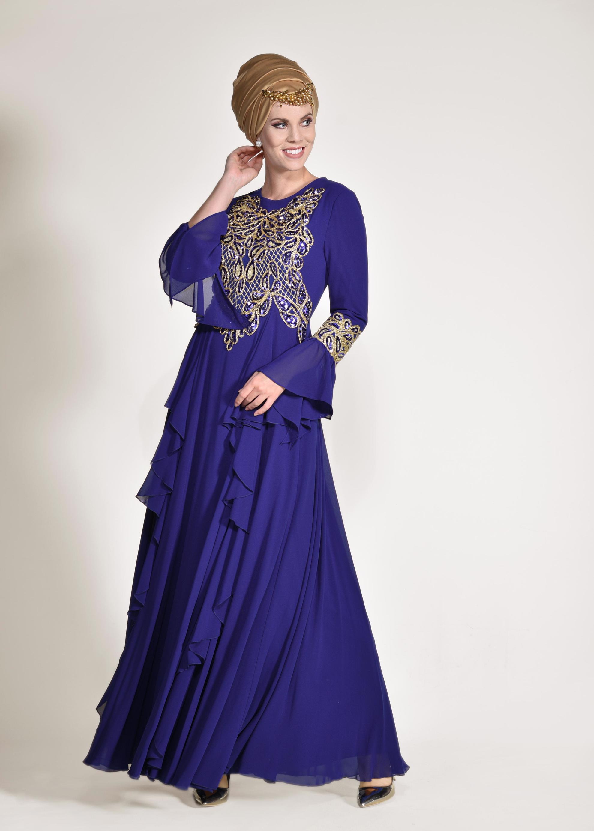 Tesettür giyim MAVİ FIRFIR DETAYLI ABİYE ELBİSE 5499 