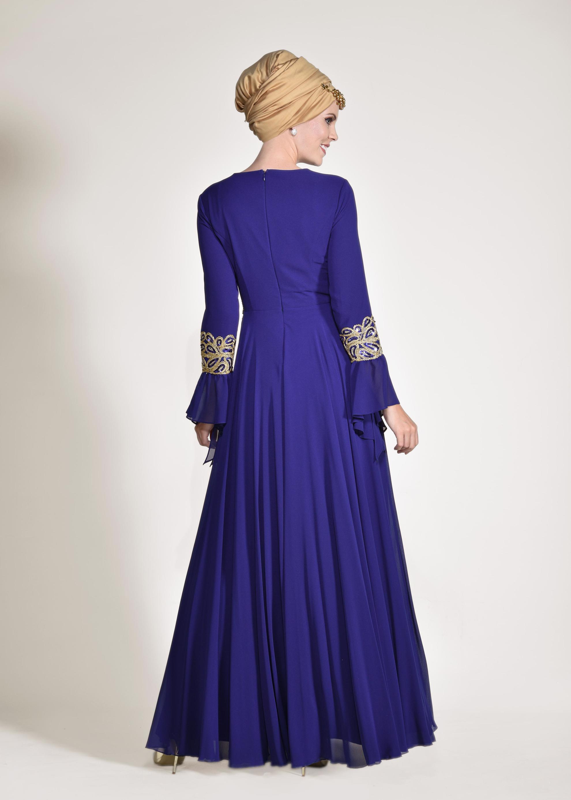 Tesettür giyim MAVİ FIRFIR DETAYLI ABİYE ELBİSE 5499 