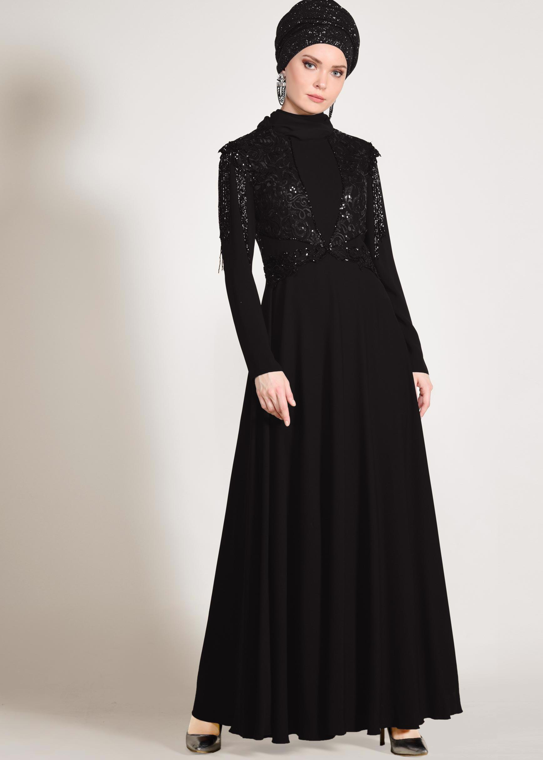 Tesettür giyim SİYAH KOLLARI PÜSKÜLLÜ ABİYE ELBİSE 5500 