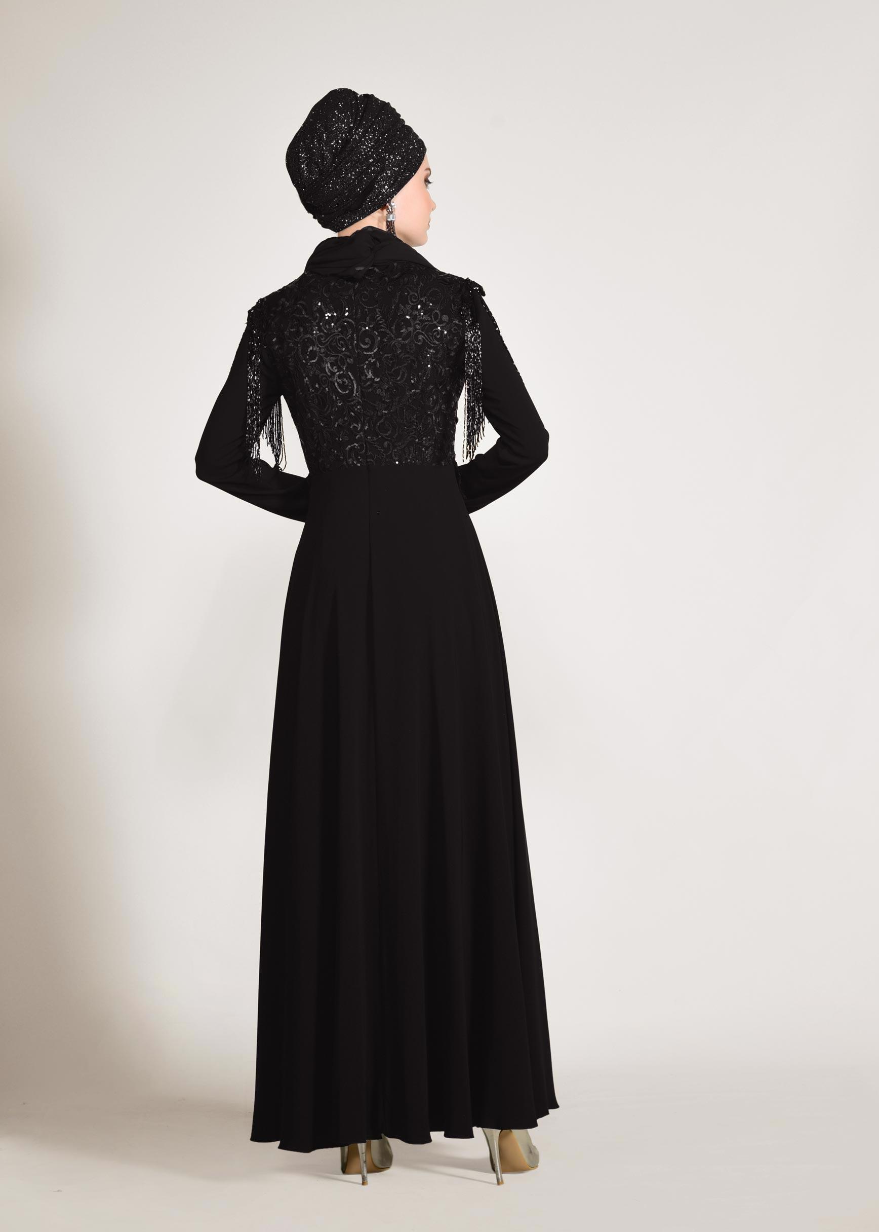 Tesettür giyim SİYAH KOLLARI PÜSKÜLLÜ ABİYE ELBİSE 5500 