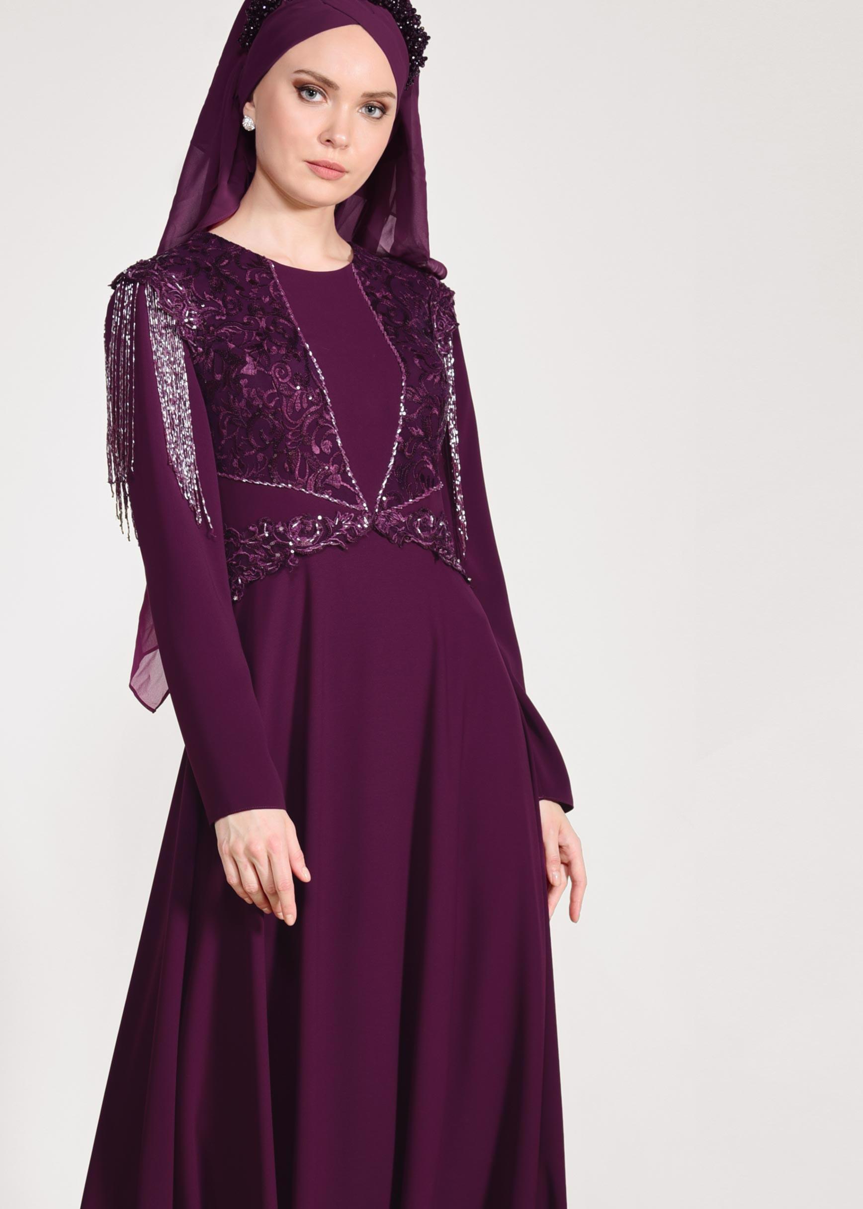 Tesettür giyim MÜRDÜM KOLLARI PÜSKÜLLÜ ABİYE ELBİSE 5500 