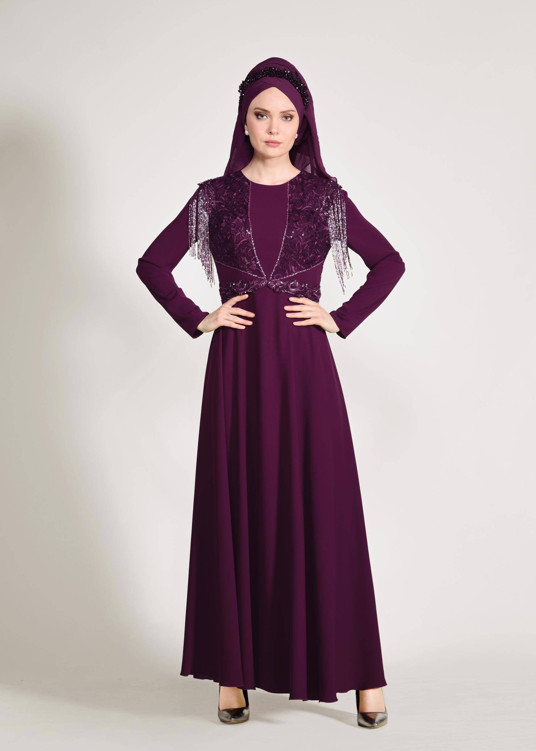 Tesettür giyim MÜRDÜM KOLLARI PÜSKÜLLÜ ABİYE ELBİSE 5500 