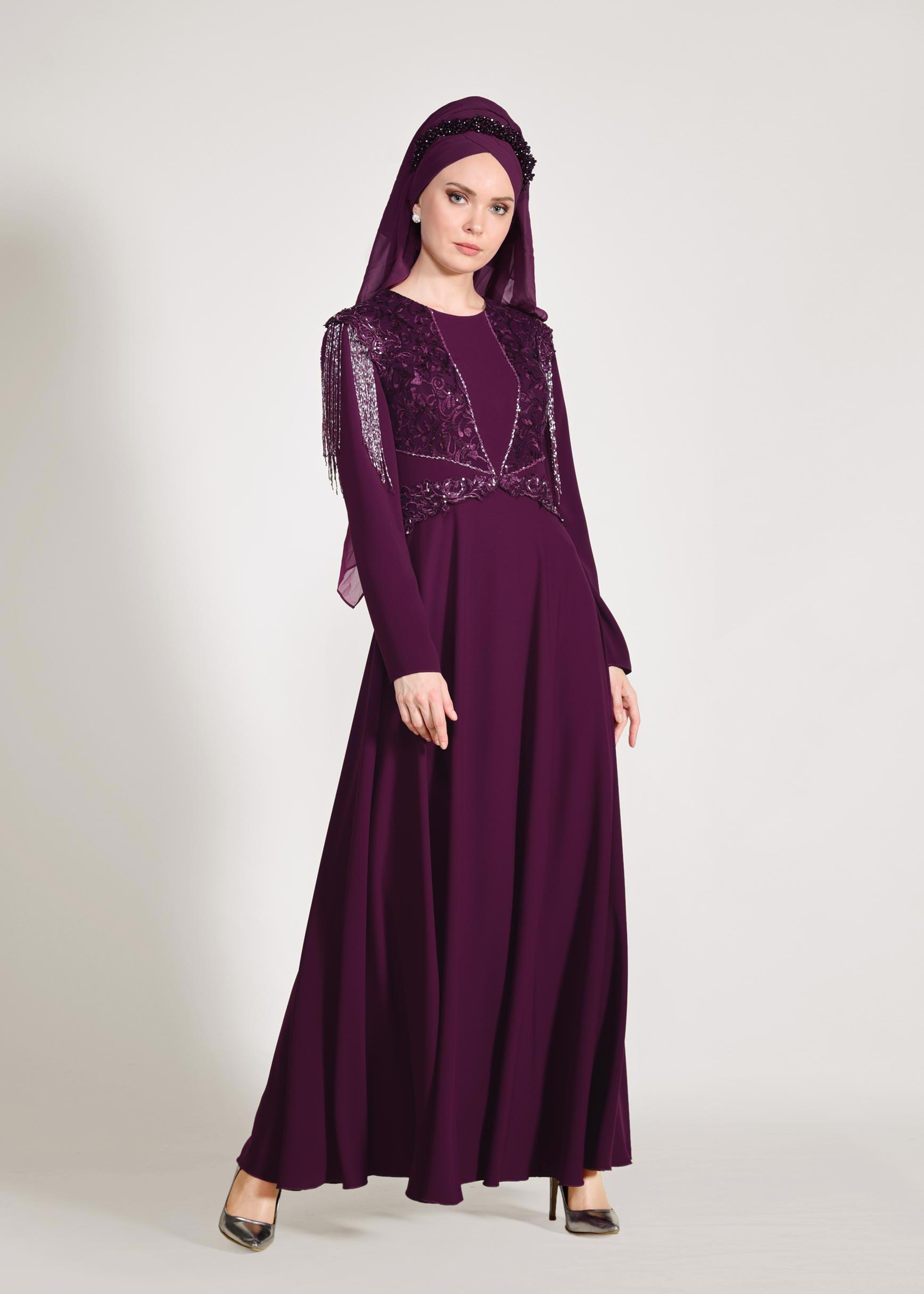 Tesettür giyim MÜRDÜM KOLLARI PÜSKÜLLÜ ABİYE ELBİSE 5500 