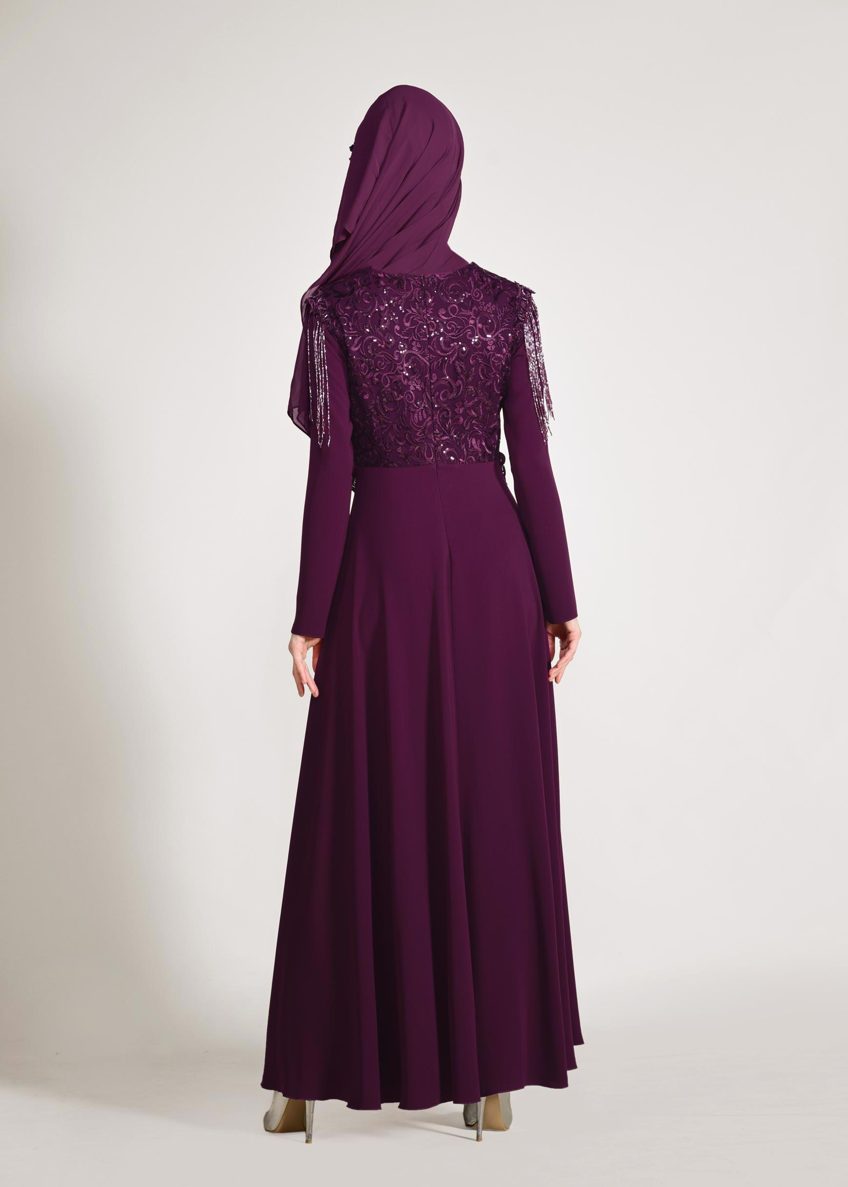 Tesettür giyim MÜRDÜM KOLLARI PÜSKÜLLÜ ABİYE ELBİSE 5500 