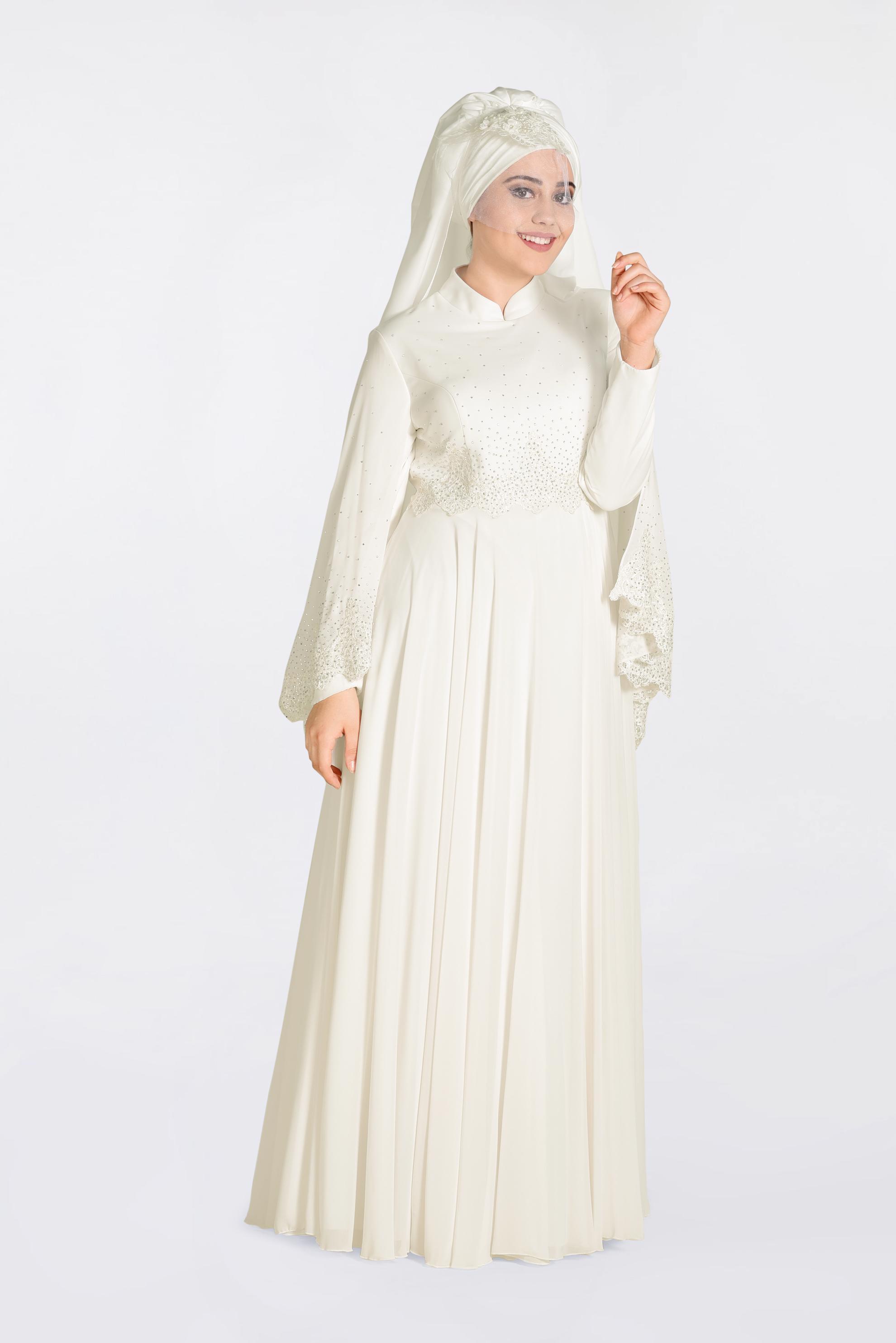 Hijab clothing WHITE Stoned Guipure Detailed Chiffon Evening Dress 5507 