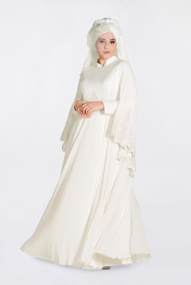 Tesettür giyim BEYAZ TAŞ BASKILI GÜPÜRLÜ MULTİ ŞİFON ABİYE 5507  - ALVİNA