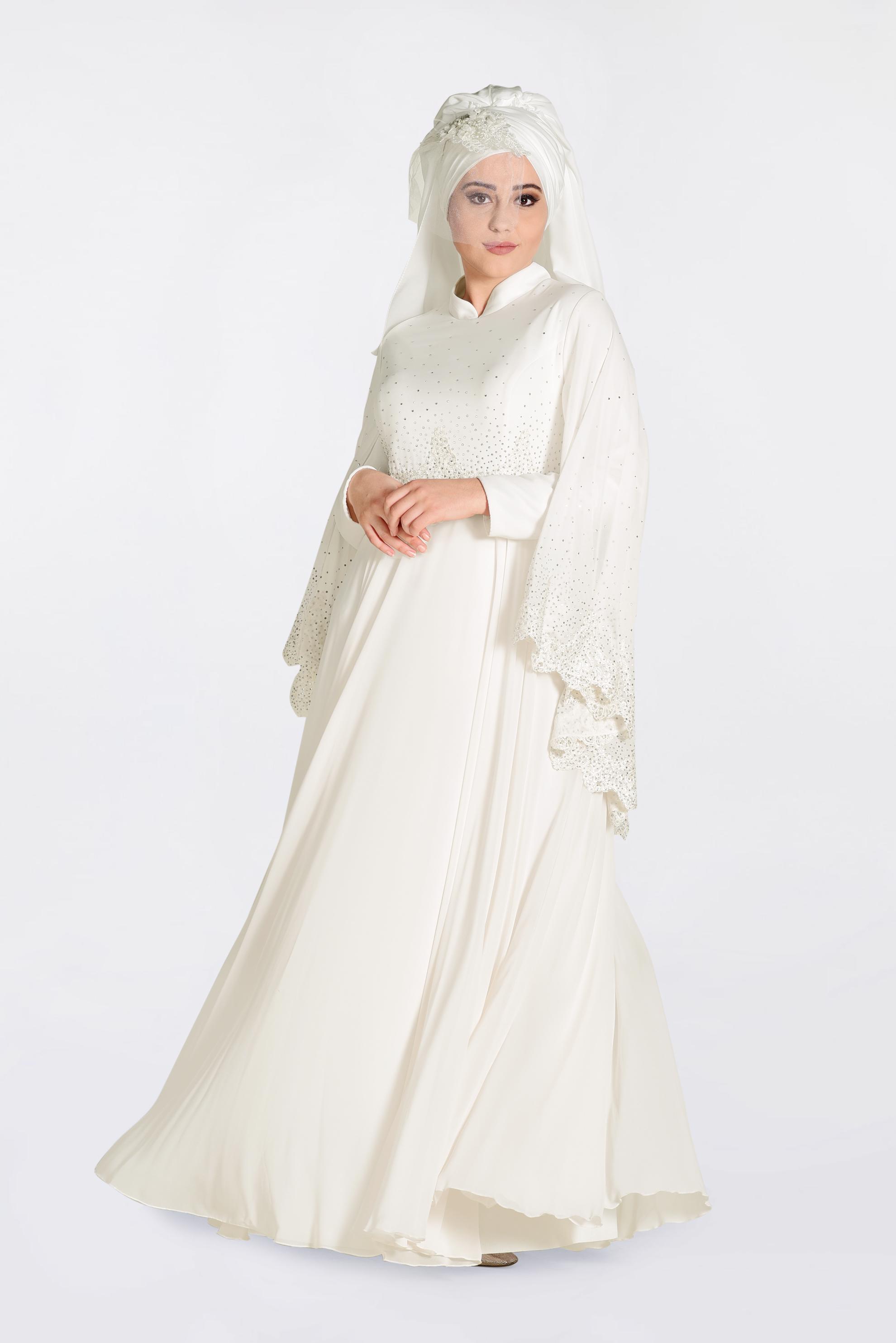 Hijab clothing WHITE Stoned Guipure Detailed Chiffon Evening Dress 5507 