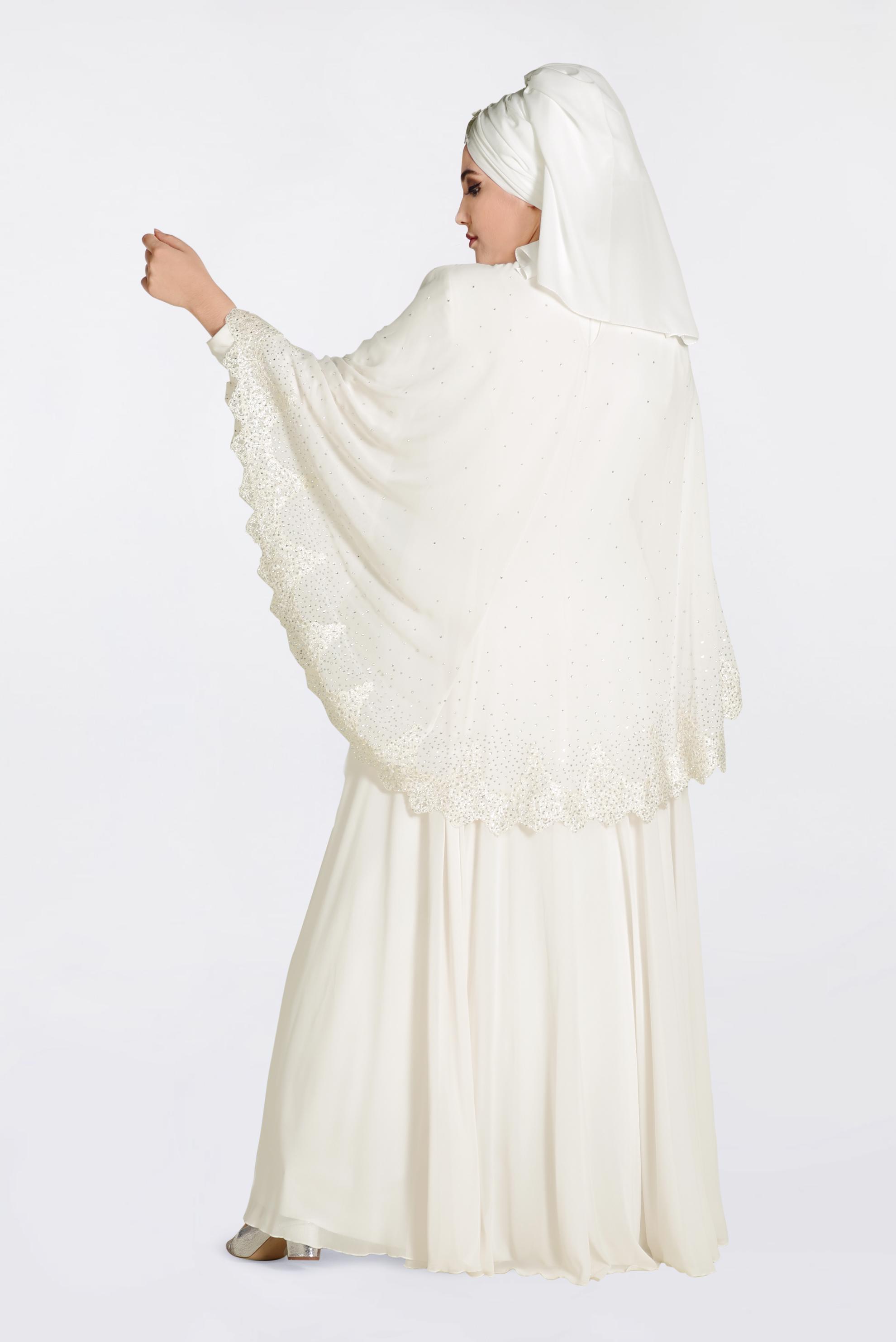 Hijab clothing WHITE Stoned Guipure Detailed Chiffon Evening Dress 5507 