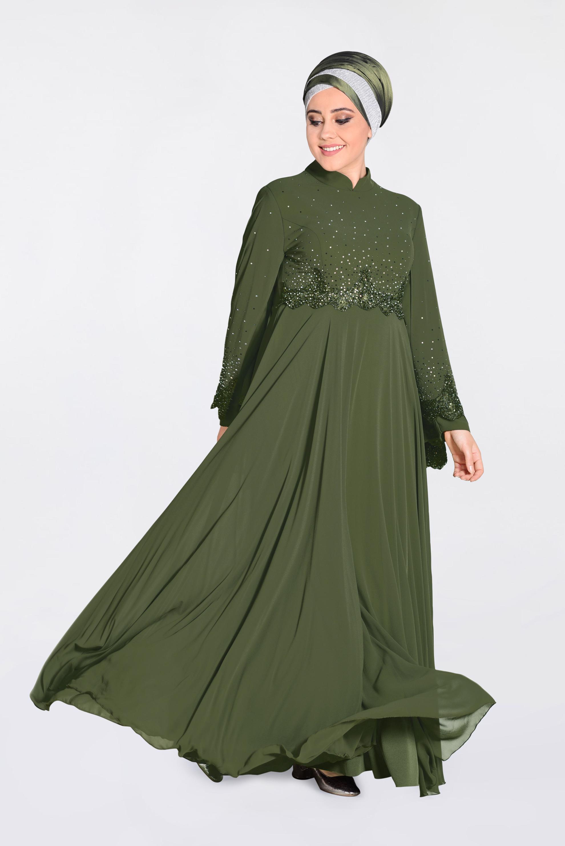 Tesettür giyim HAKİ TAŞ BASKILI GÜPÜRLÜ MULTİ ŞİFON ABİYE 5507 