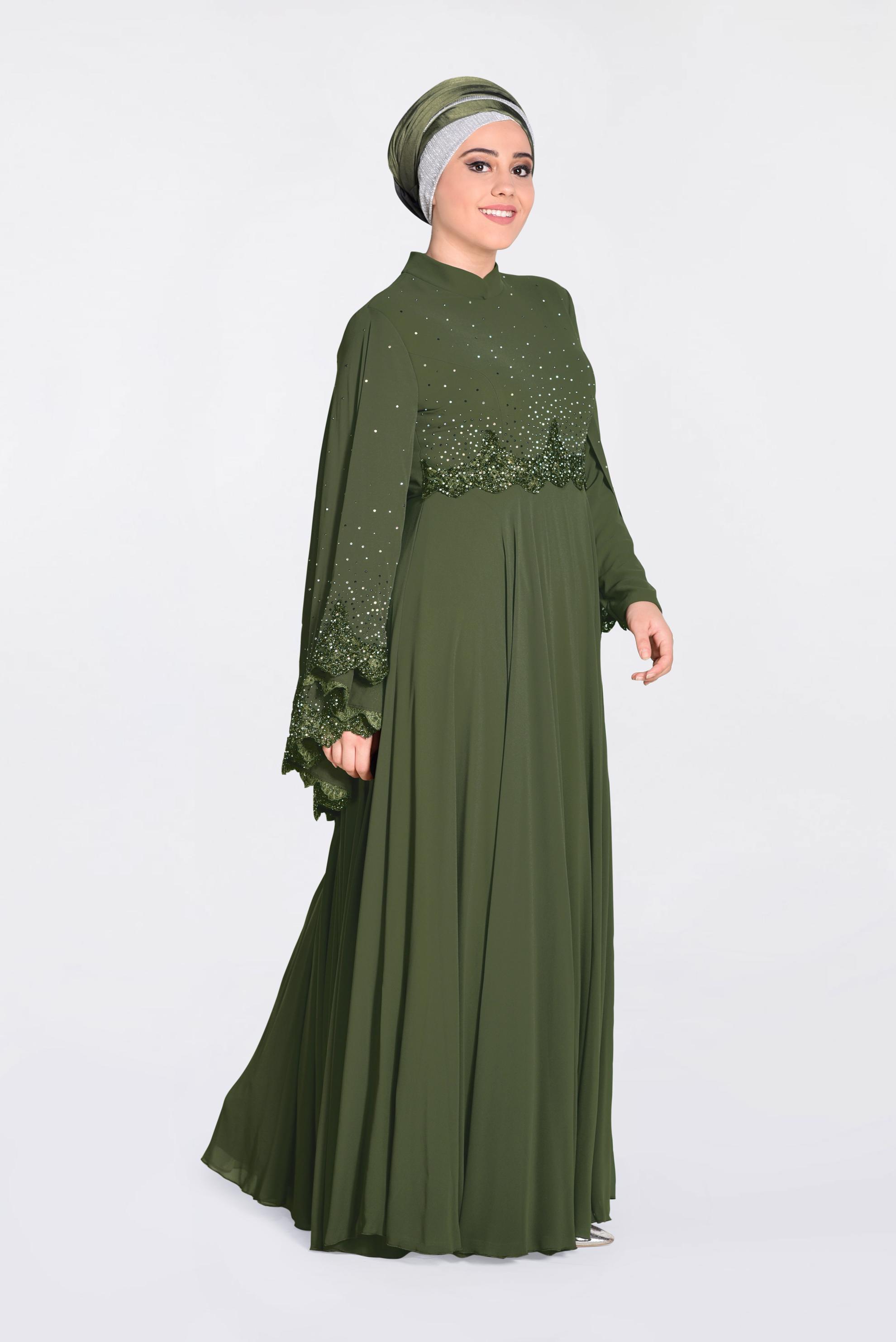 Tesettür giyim HAKİ TAŞ BASKILI GÜPÜRLÜ MULTİ ŞİFON ABİYE 5507 