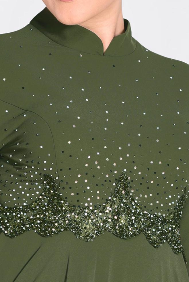 Tesettür giyim HAKİ TAŞ BASKILI GÜPÜRLÜ MULTİ ŞİFON ABİYE 5507  - ALVİNA