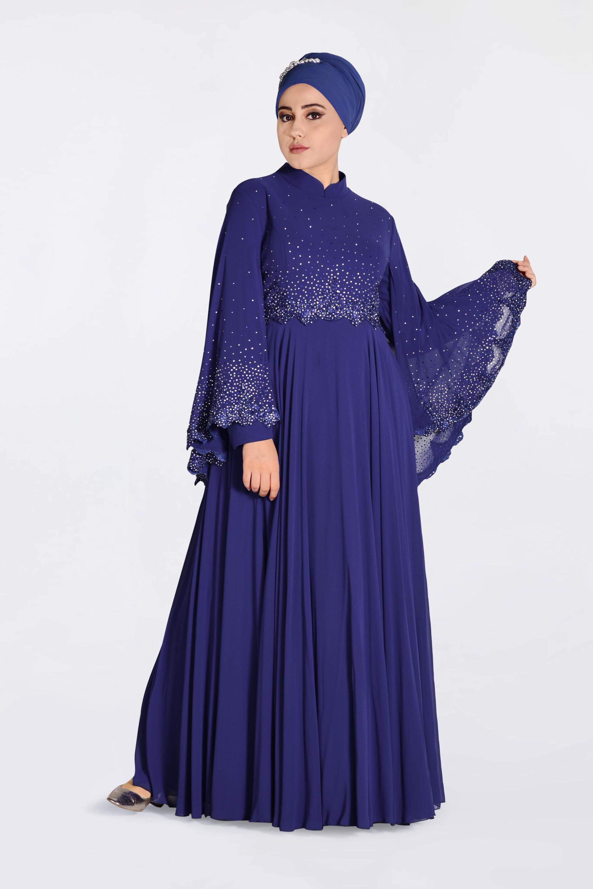 Tesettür giyim LACİVERT TAŞ BASKILI GÜPÜRLÜ MULTİ ŞİFON ABİYE 5507 
