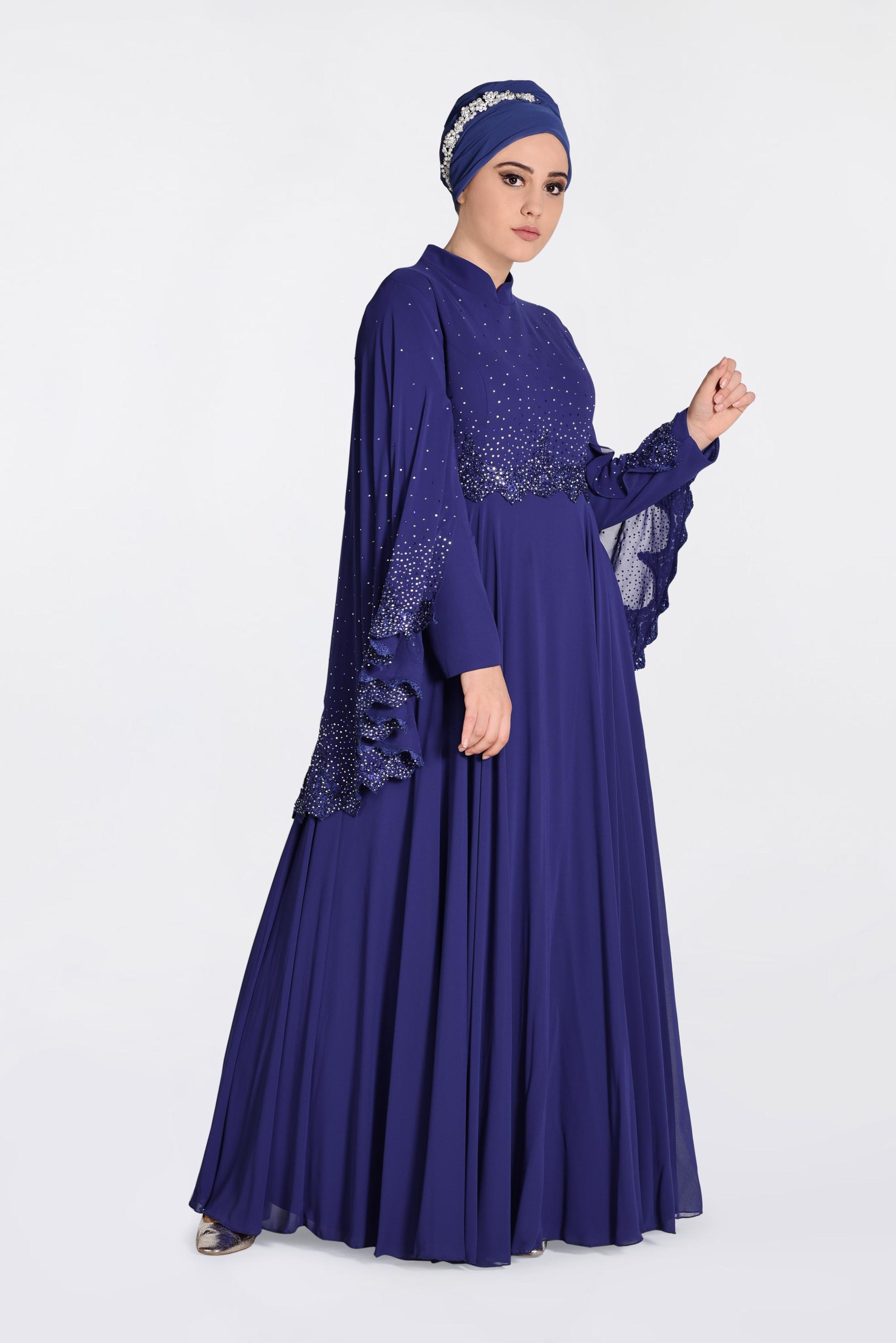 Tesettür giyim LACİVERT TAŞ BASKILI GÜPÜRLÜ MULTİ ŞİFON ABİYE 5507 
