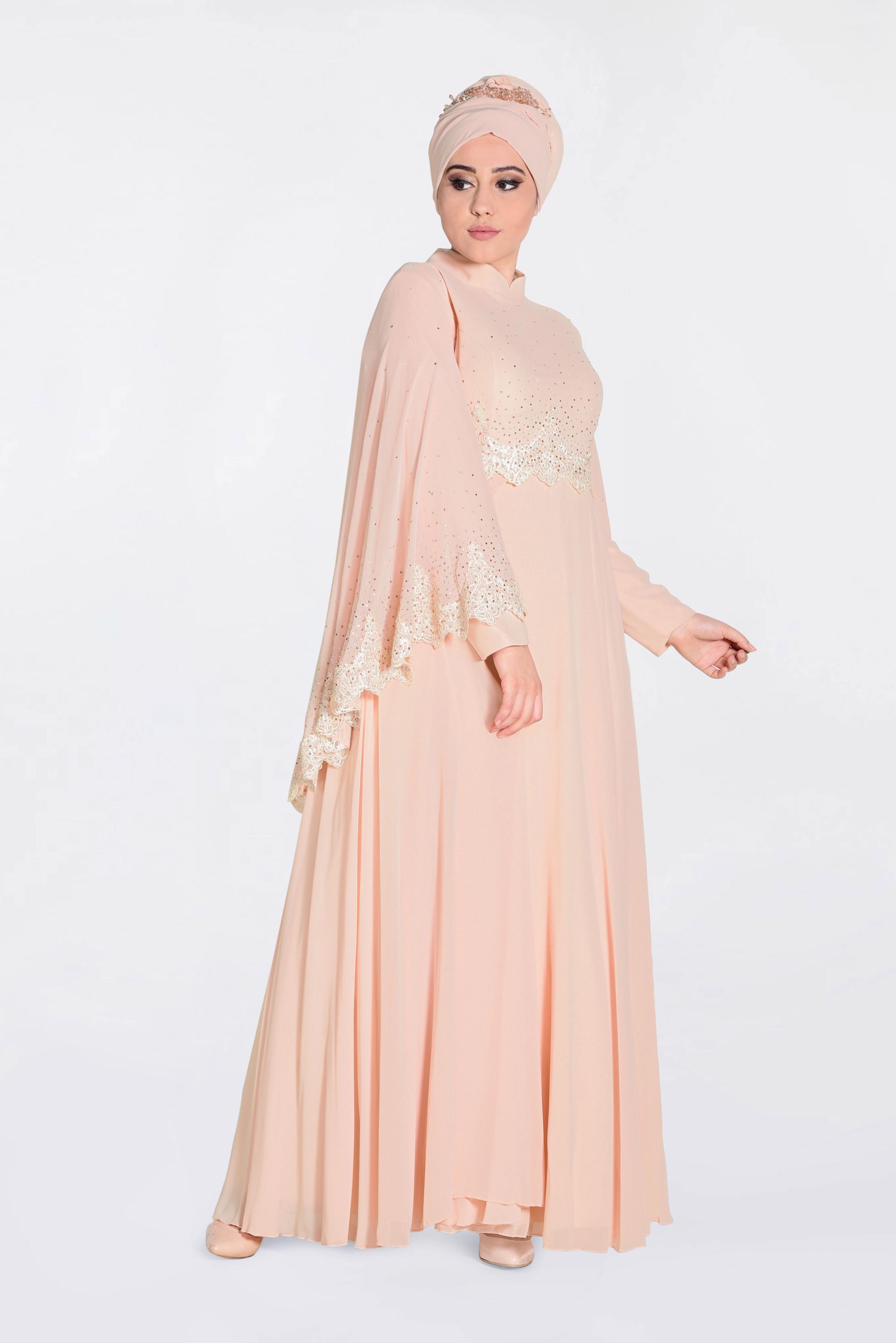Hijab clothing POWDER Stoned Guipure Detailed Chiffon Evening Dress 5507 