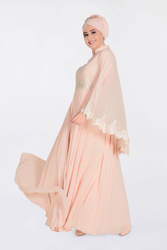 Tesettür giyim PUDRA TAŞ BASKILI GÜPÜRLÜ MULTİ ŞİFON ABİYE 5507  - ALVİNA