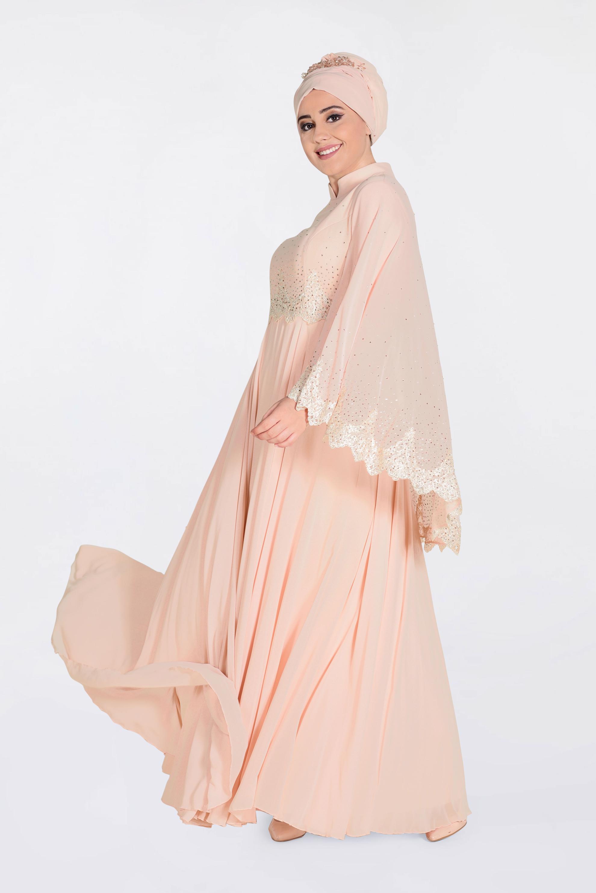 Hijab clothing POWDER Stoned Guipure Detailed Chiffon Evening Dress 5507 