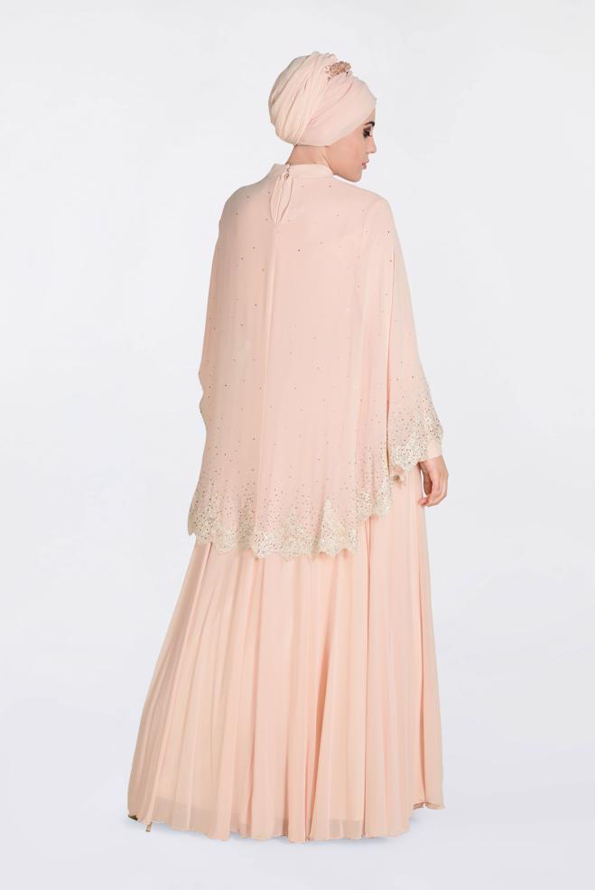 Tesettür giyim PUDRA TAŞ BASKILI GÜPÜRLÜ MULTİ ŞİFON ABİYE 5507  - ALVİNA