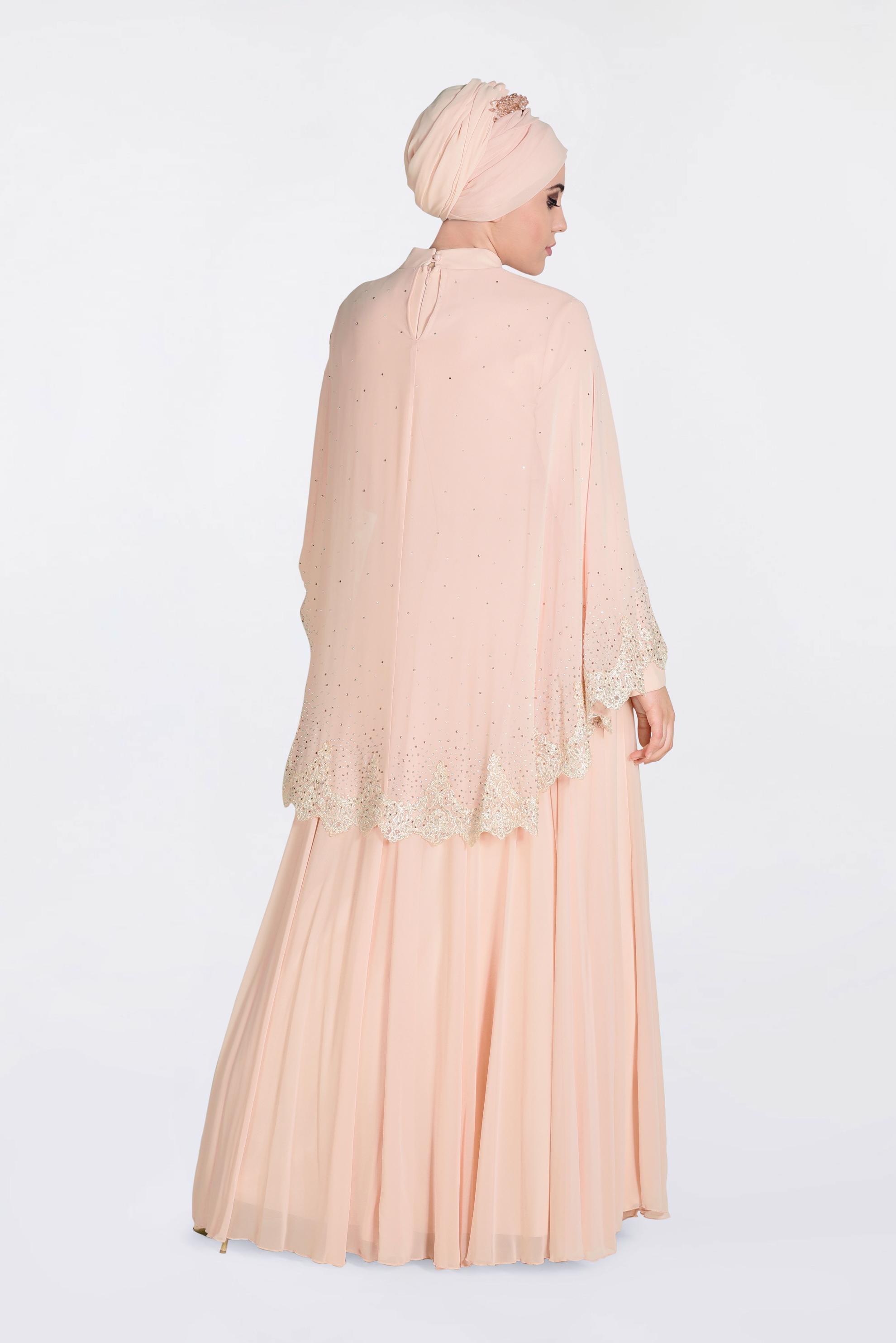 Hijab clothing POWDER Stoned Guipure Detailed Chiffon Evening Dress 5507 