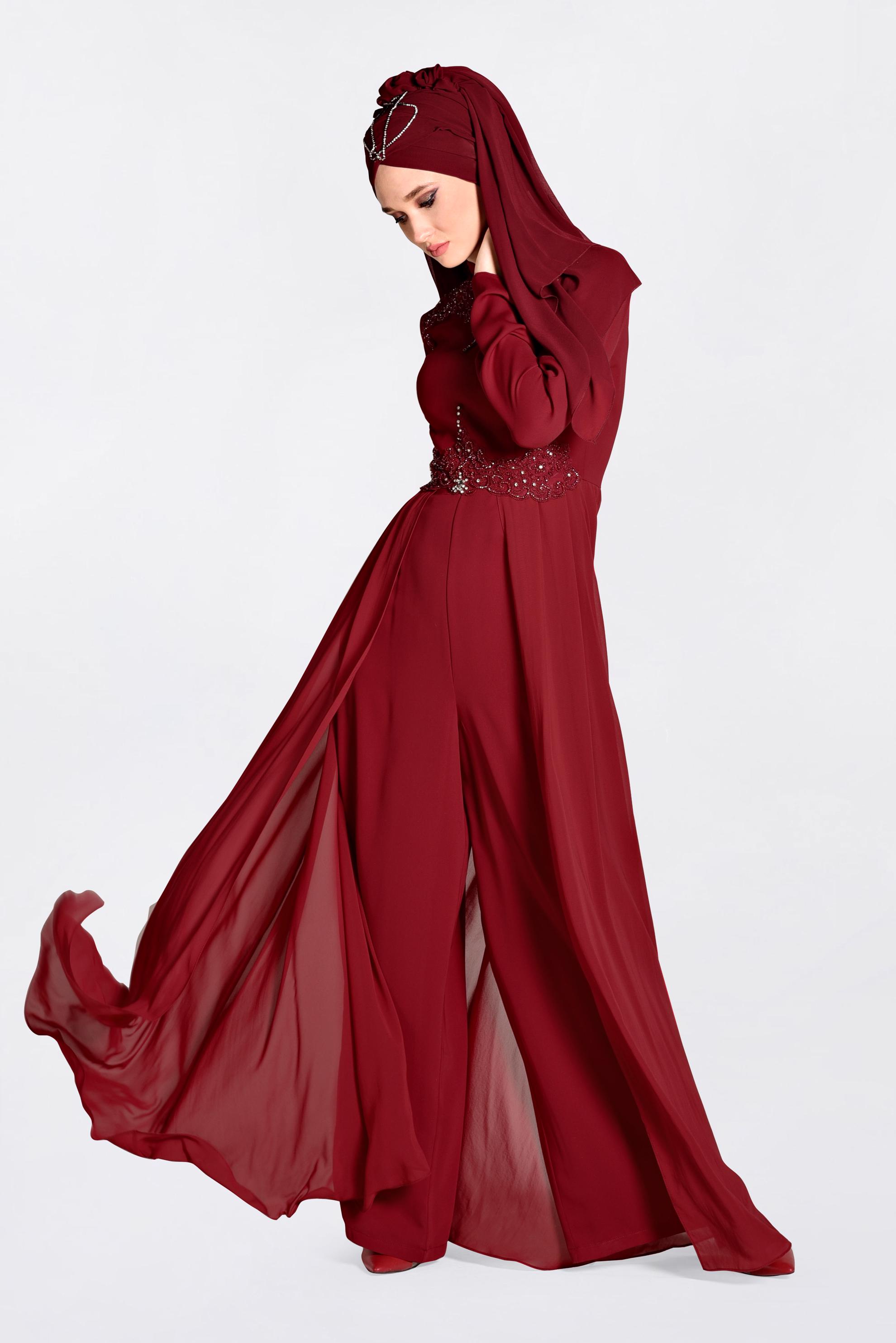 Tesettür giyim BORDO PELERİN GÖRÜNÜMLÜ ABİYE TULUM 5508