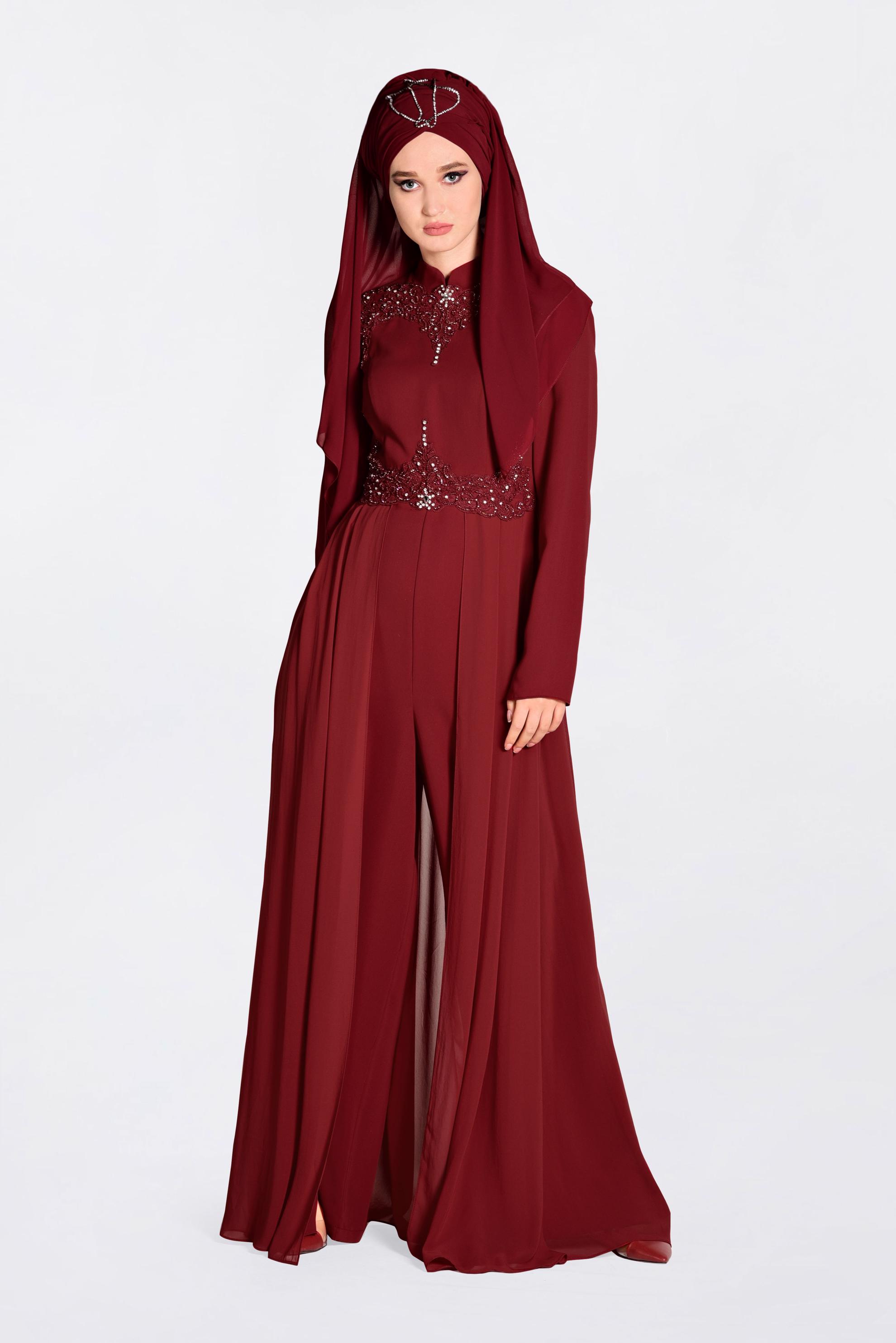 Tesettür giyim BORDO PELERİN GÖRÜNÜMLÜ ABİYE TULUM 5508