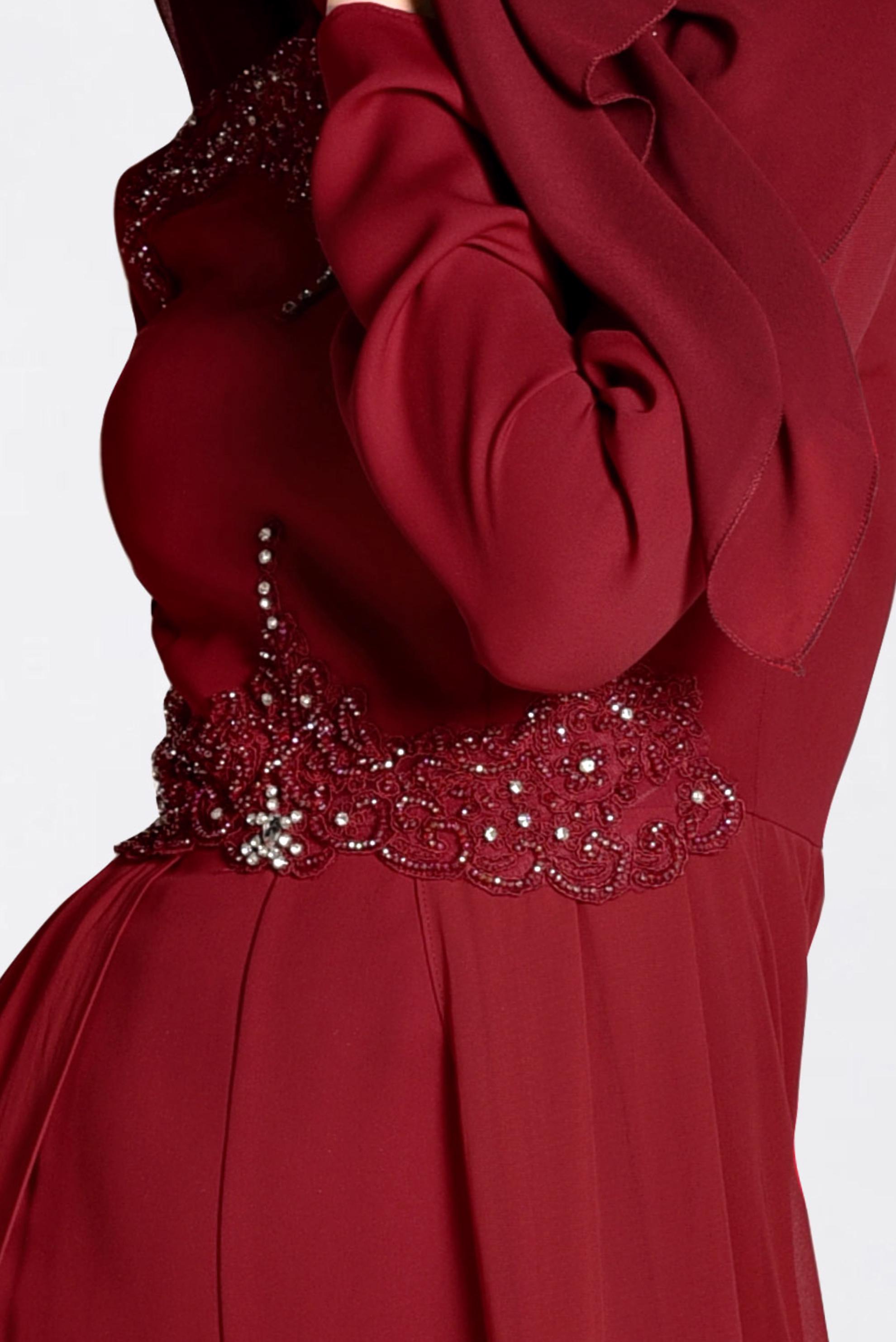 Tesettür giyim BORDO PELERİN GÖRÜNÜMLÜ ABİYE TULUM 5508