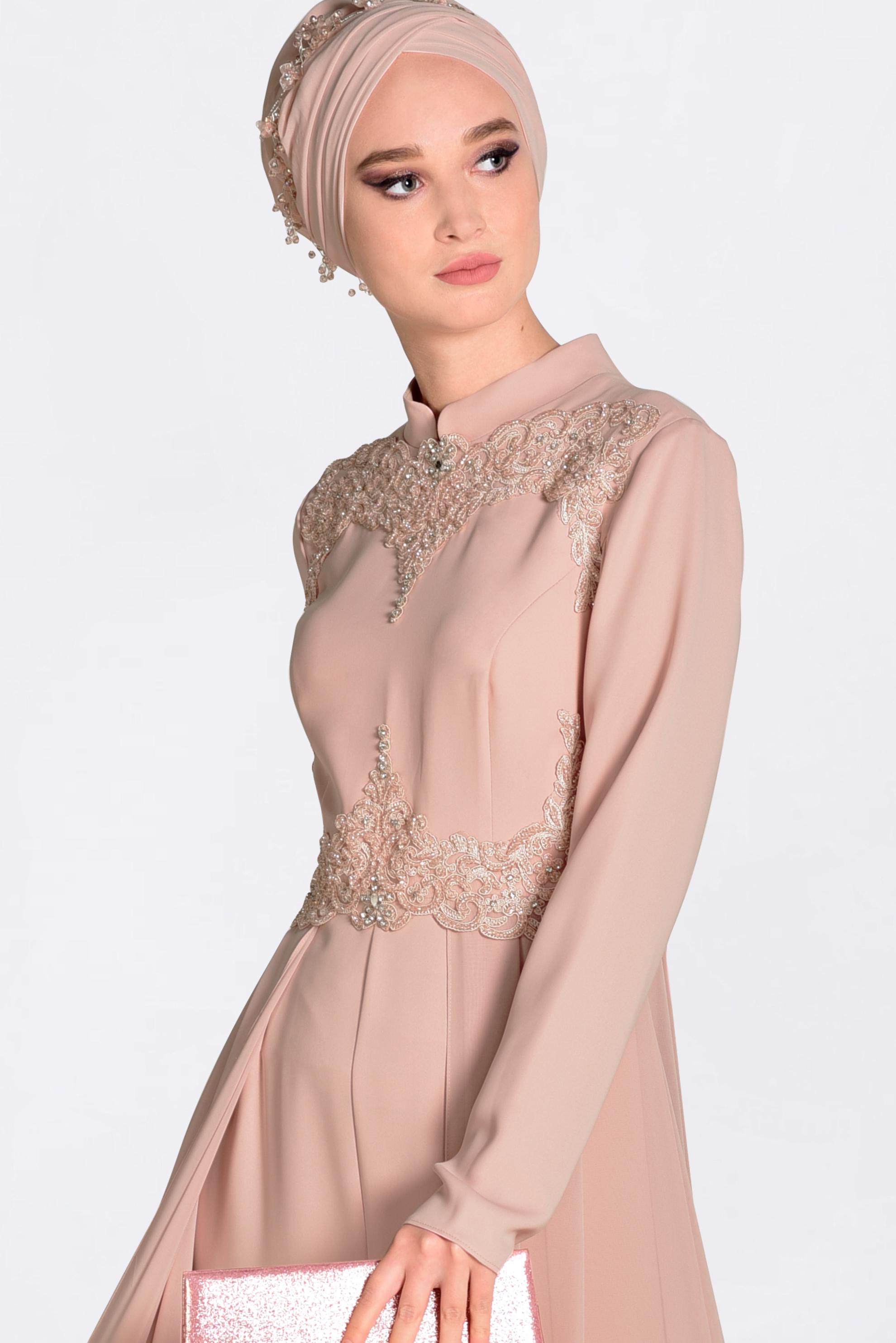 Tesettür giyim PUDRA PELERİN GÖRÜNÜMLÜ ABİYE TULUM 5508