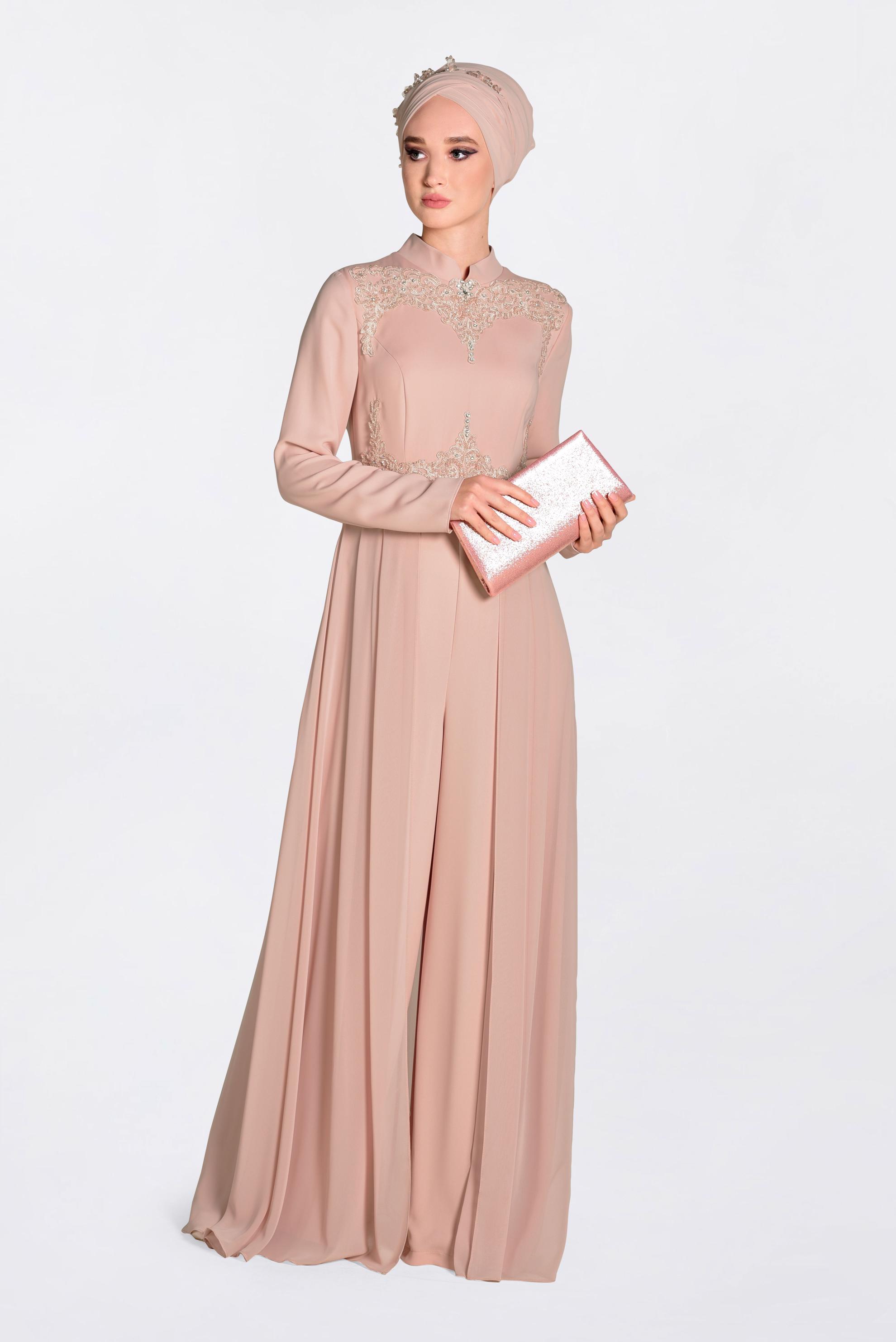 Tesettür giyim PUDRA PELERİN GÖRÜNÜMLÜ ABİYE TULUM 5508